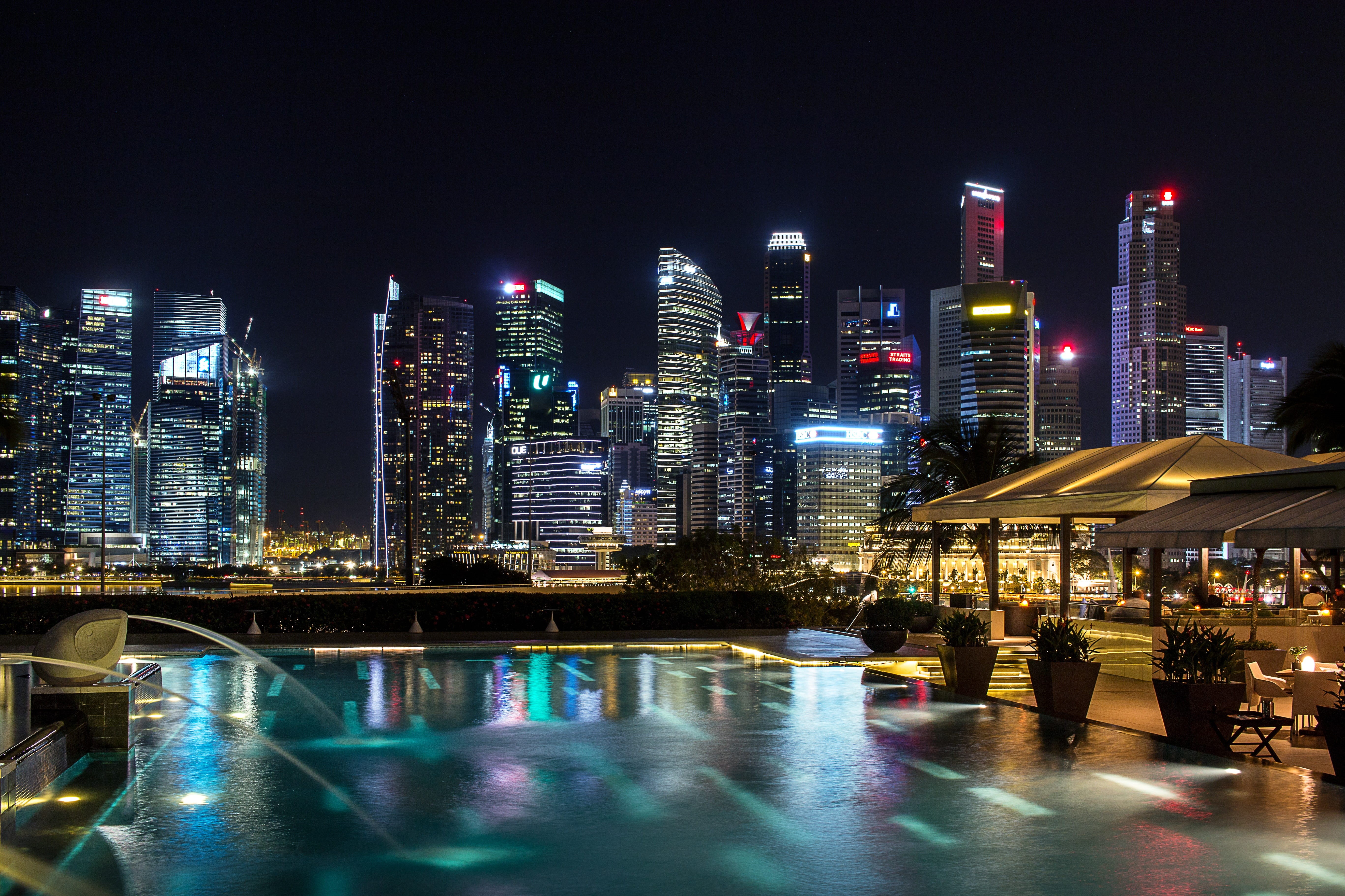 water, travel destinations, mood, nature, office building exterior, 5K, building exterior, built structure, evening, hotel, lighting, modern, tourism, HD Wallpaper