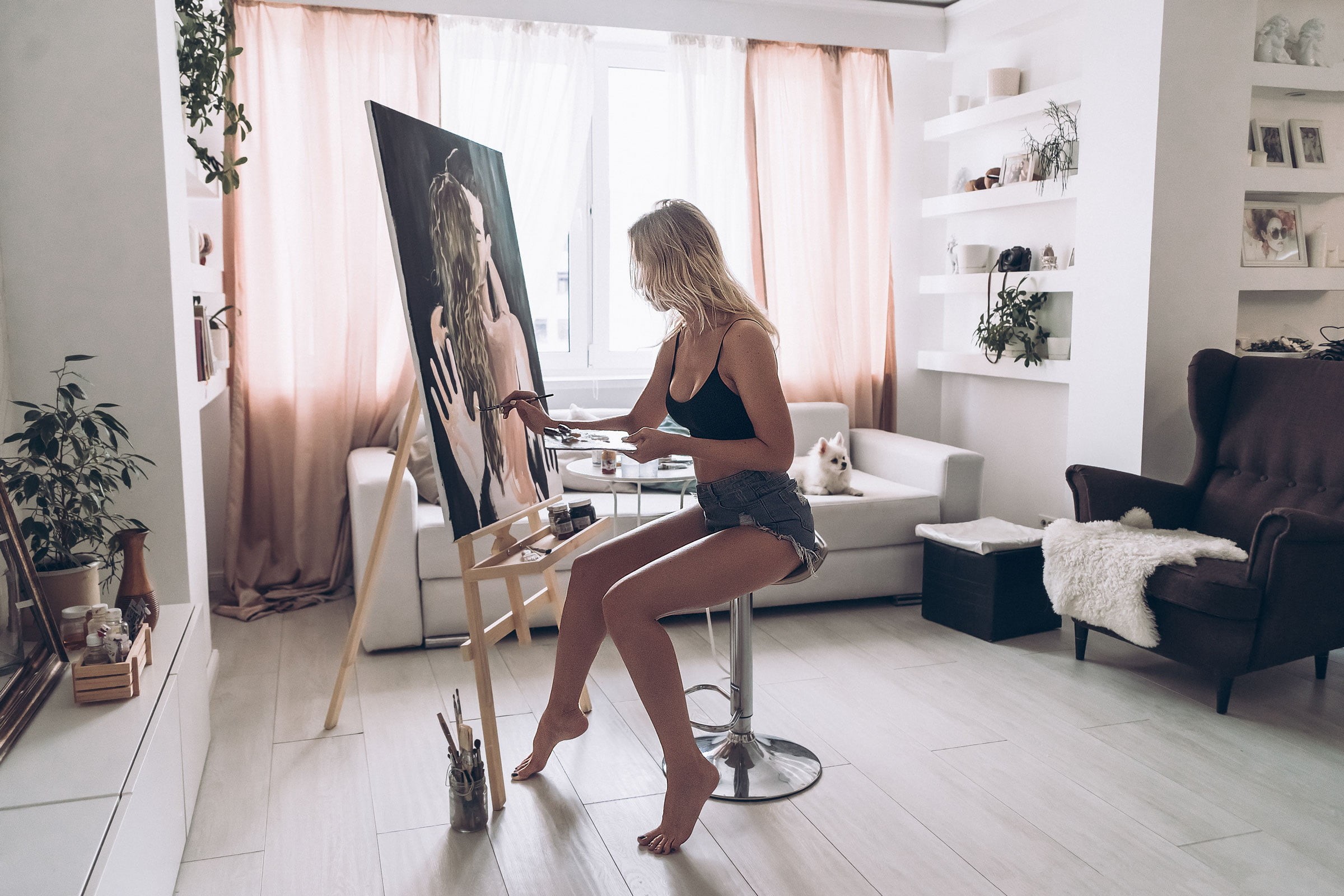 women, one person, hair, chair, beautiful woman, furniture, seat, jean shorts, adult, day, plants, easel, fashion, hairstyle, sitting, side view, window, HD Wallpaper