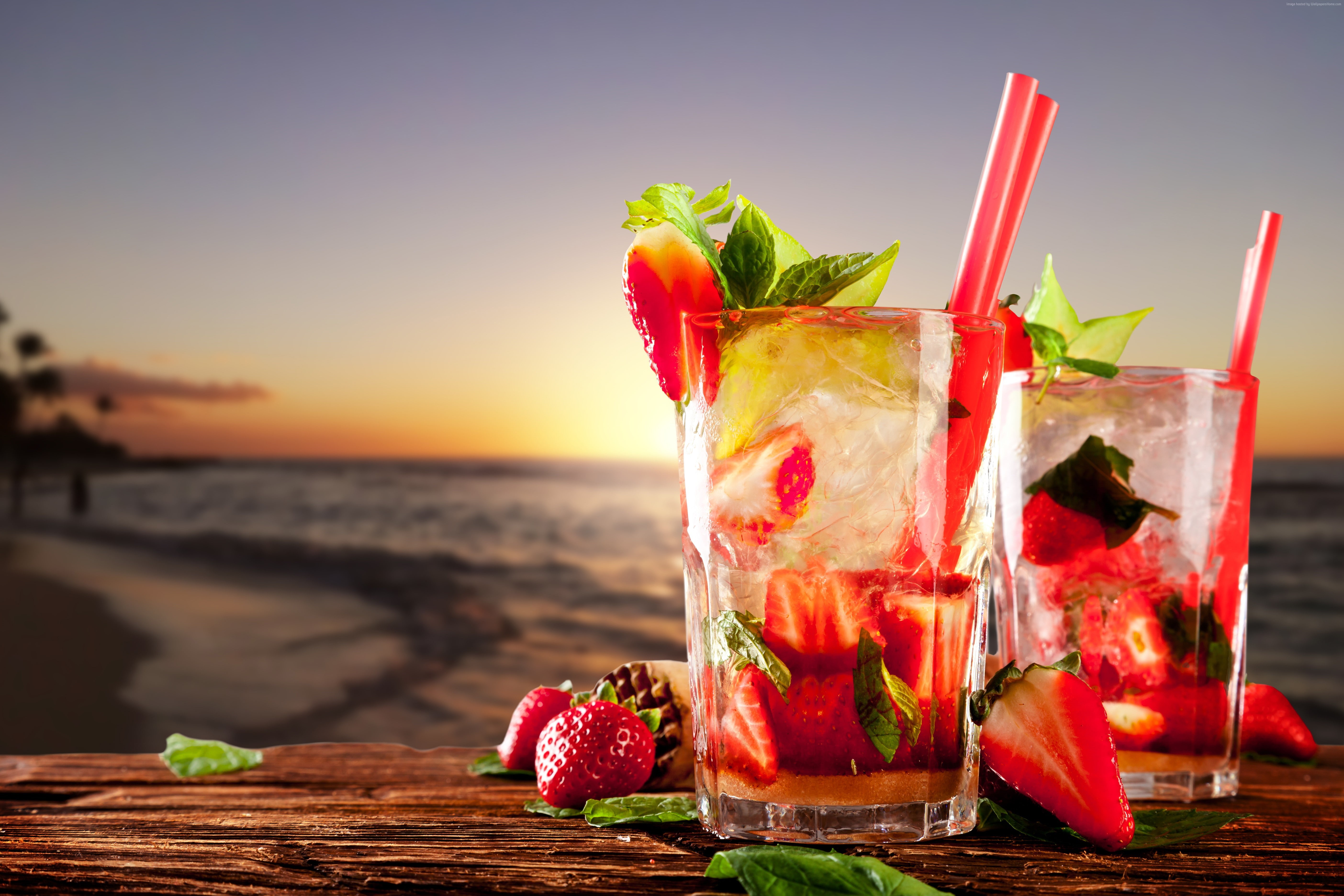 mint, beach, fruit, strawberries, tropical, ice, 5K, cocktails, HD Wallpaper