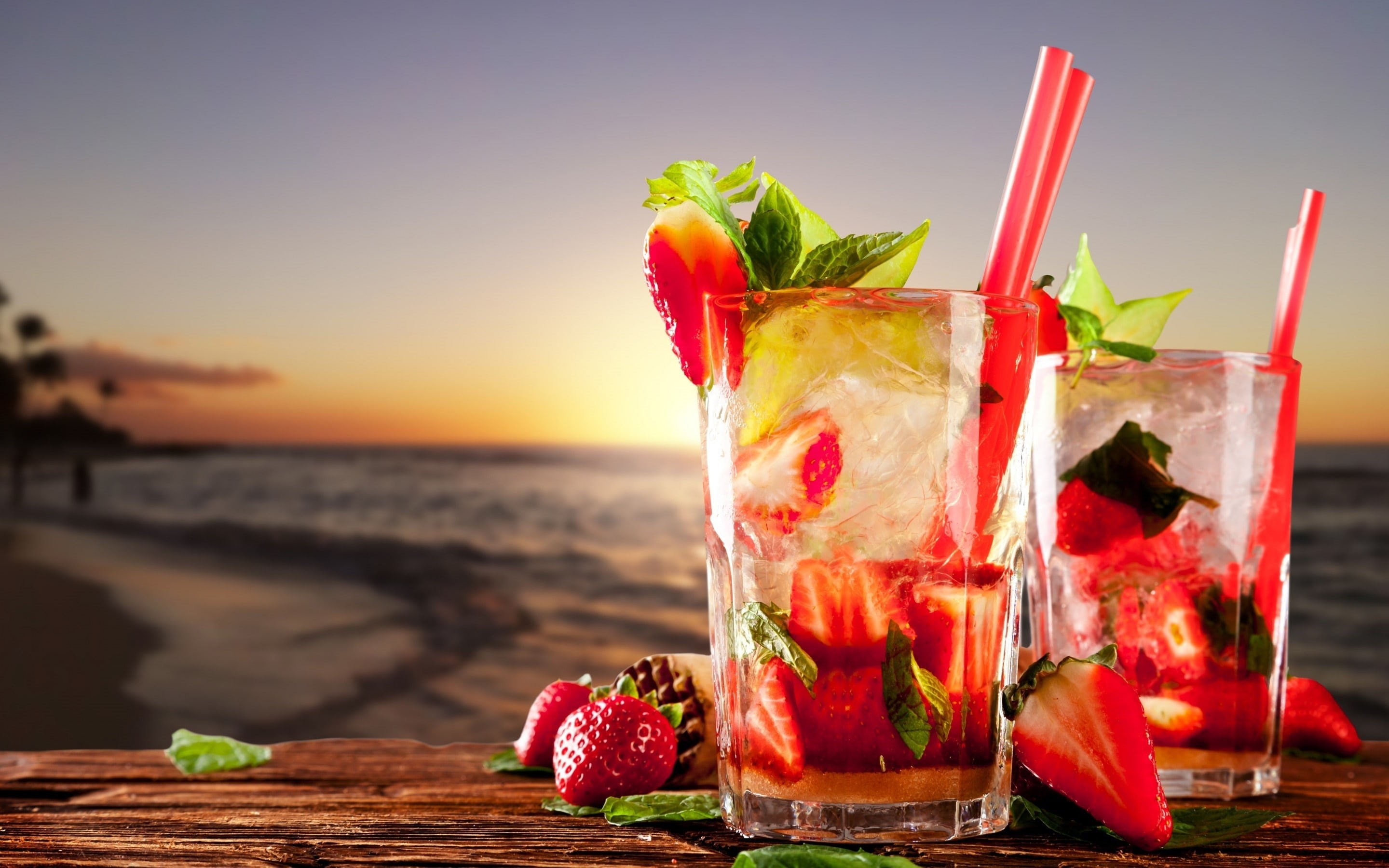 mint, 2K, beach, cocktails, ice, strawberry, HD Wallpaper