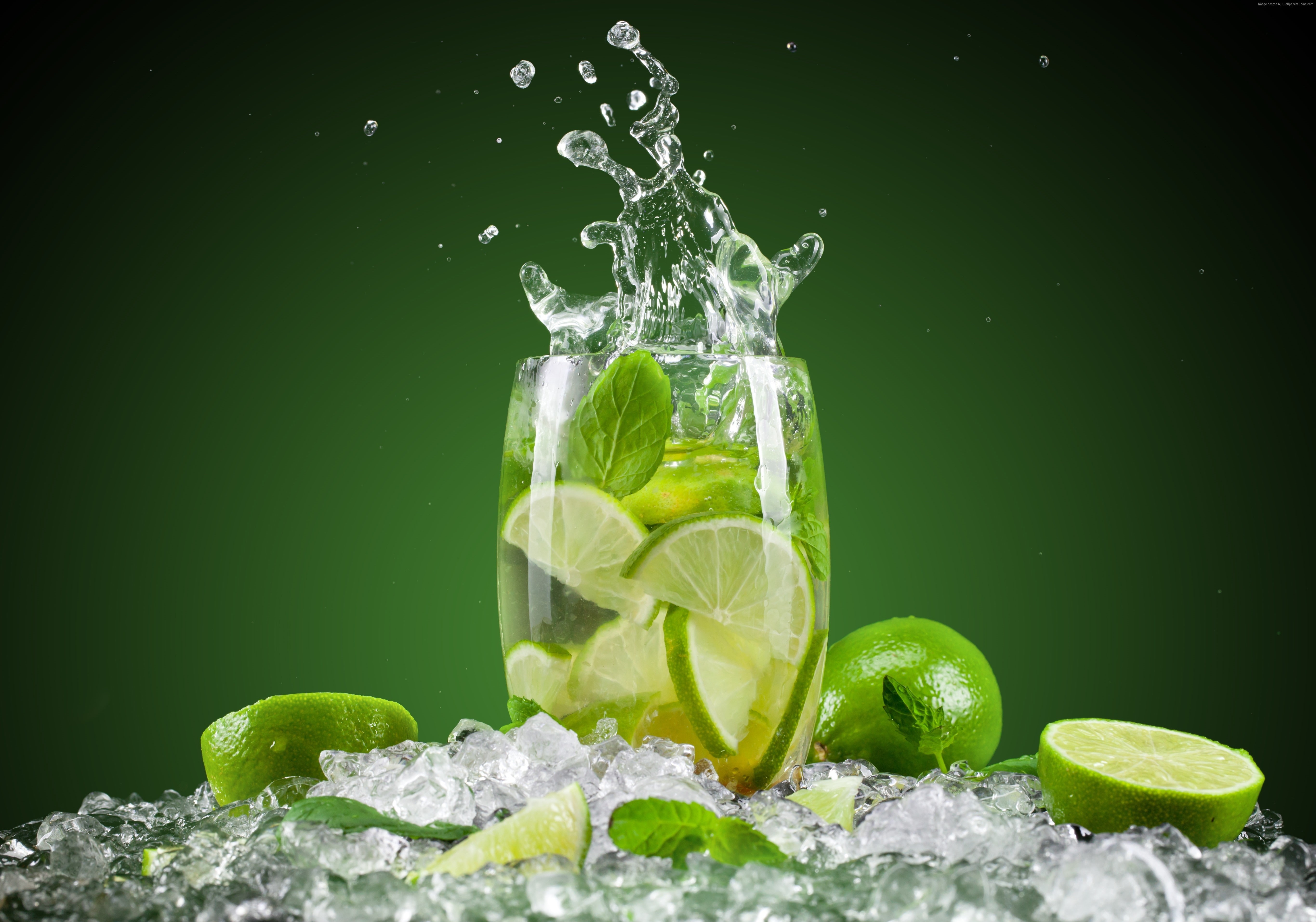 water, ice, cocktails, lime, mint, 5K, HD Wallpaper