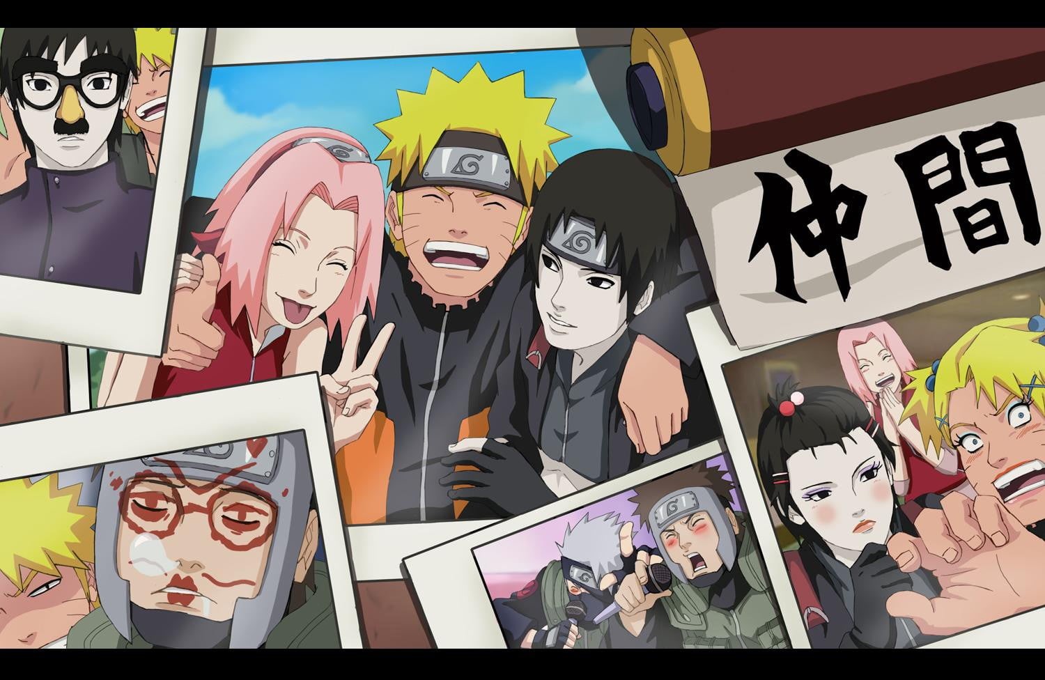 polaroids, close-up, naruto, real people, 720P, Hatake Kakashi, transfer print, Saï, mask, table, Uzumaki Naruto, anime, indoors, female likeness, anime girls, HD Wallpaper