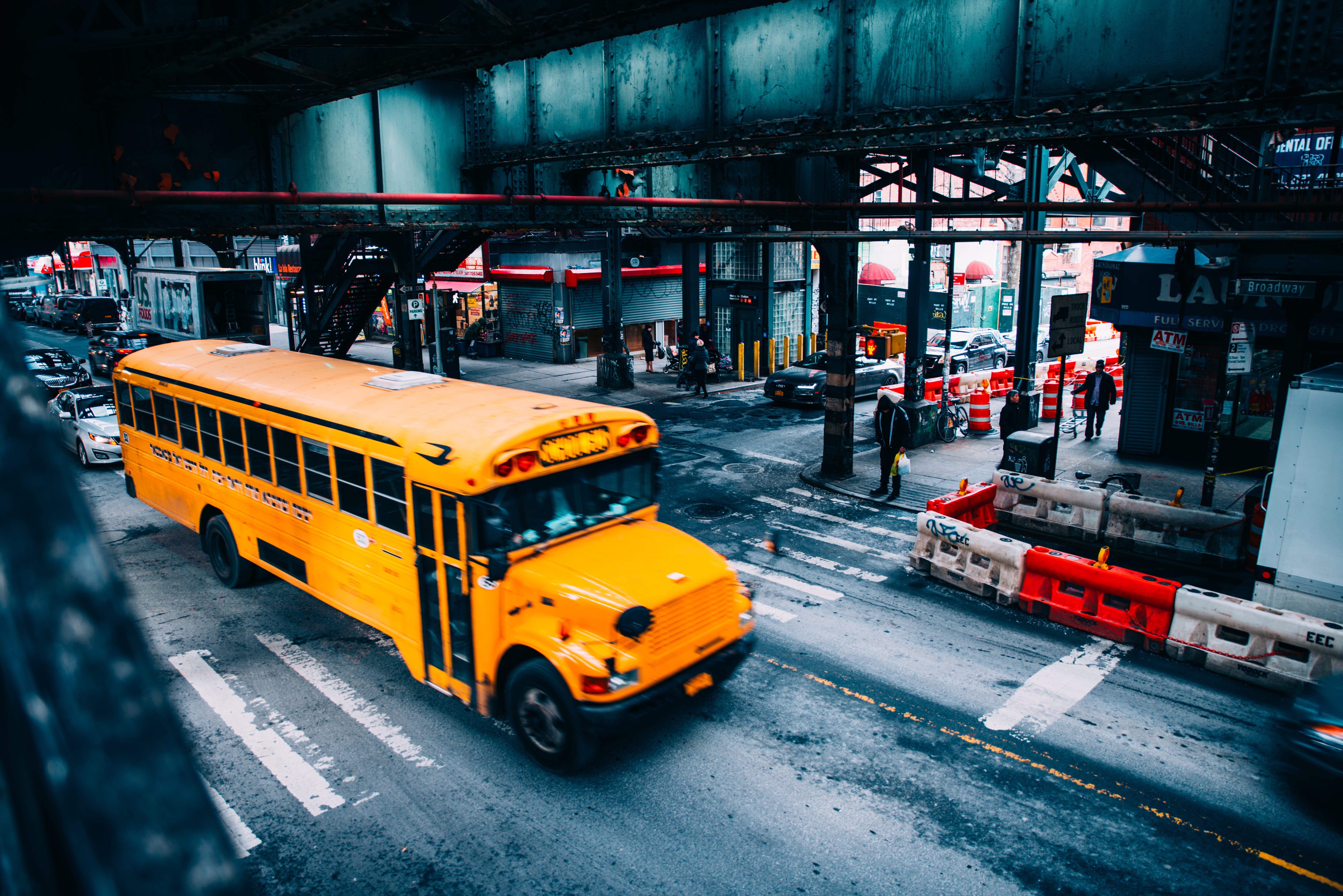 asphalt, school bus, car, tarmac, bus stop, building, 5K, machinery, automobile, school, public transportation, mode of transportation, built structure, HD Wallpaper