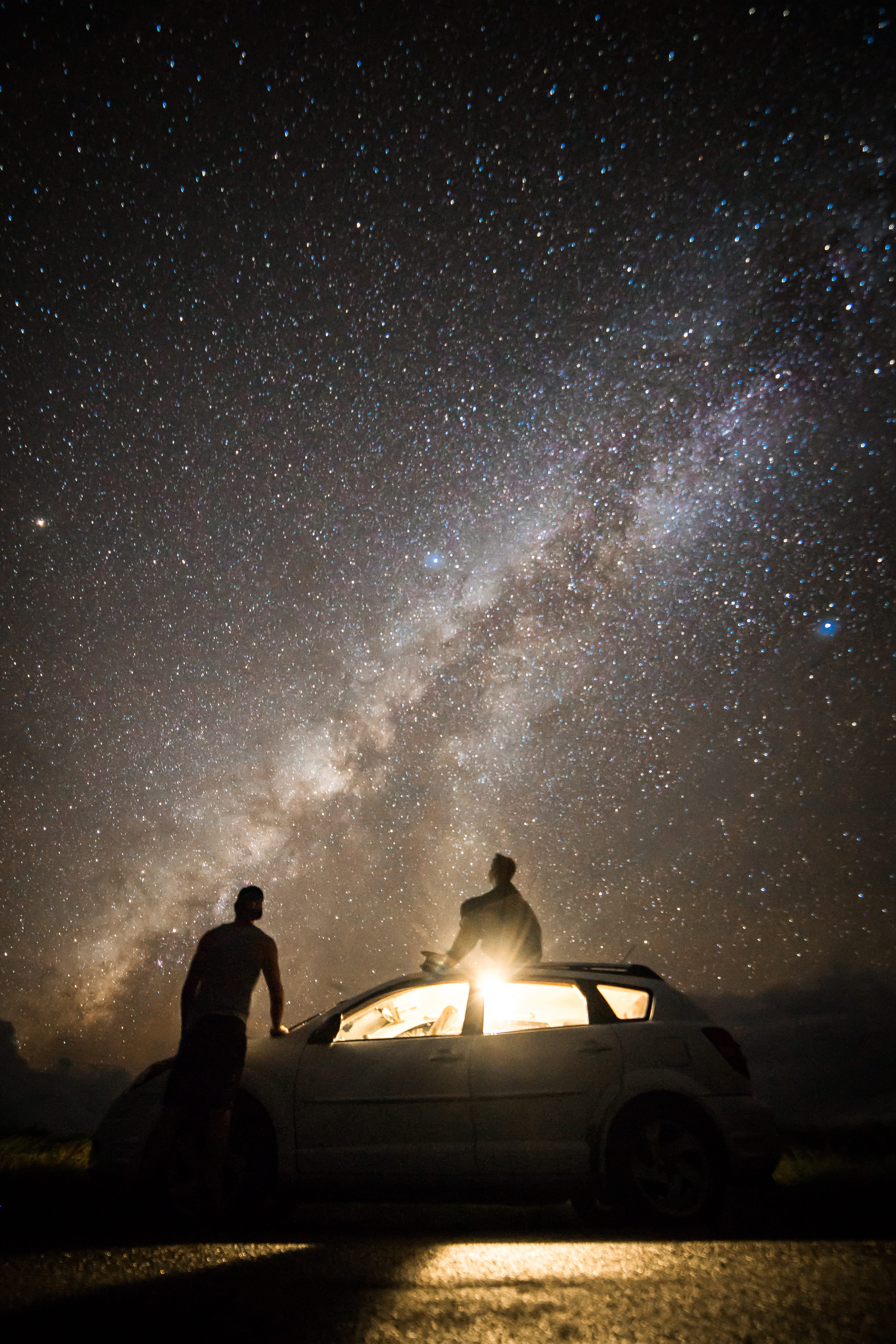 motor vehicle, two people, united states, astronomy, transportation, men, adult, nature, leisure activity, milky way, night, star - space, 5K, love, positive emotion, Phone HD Wallpaper