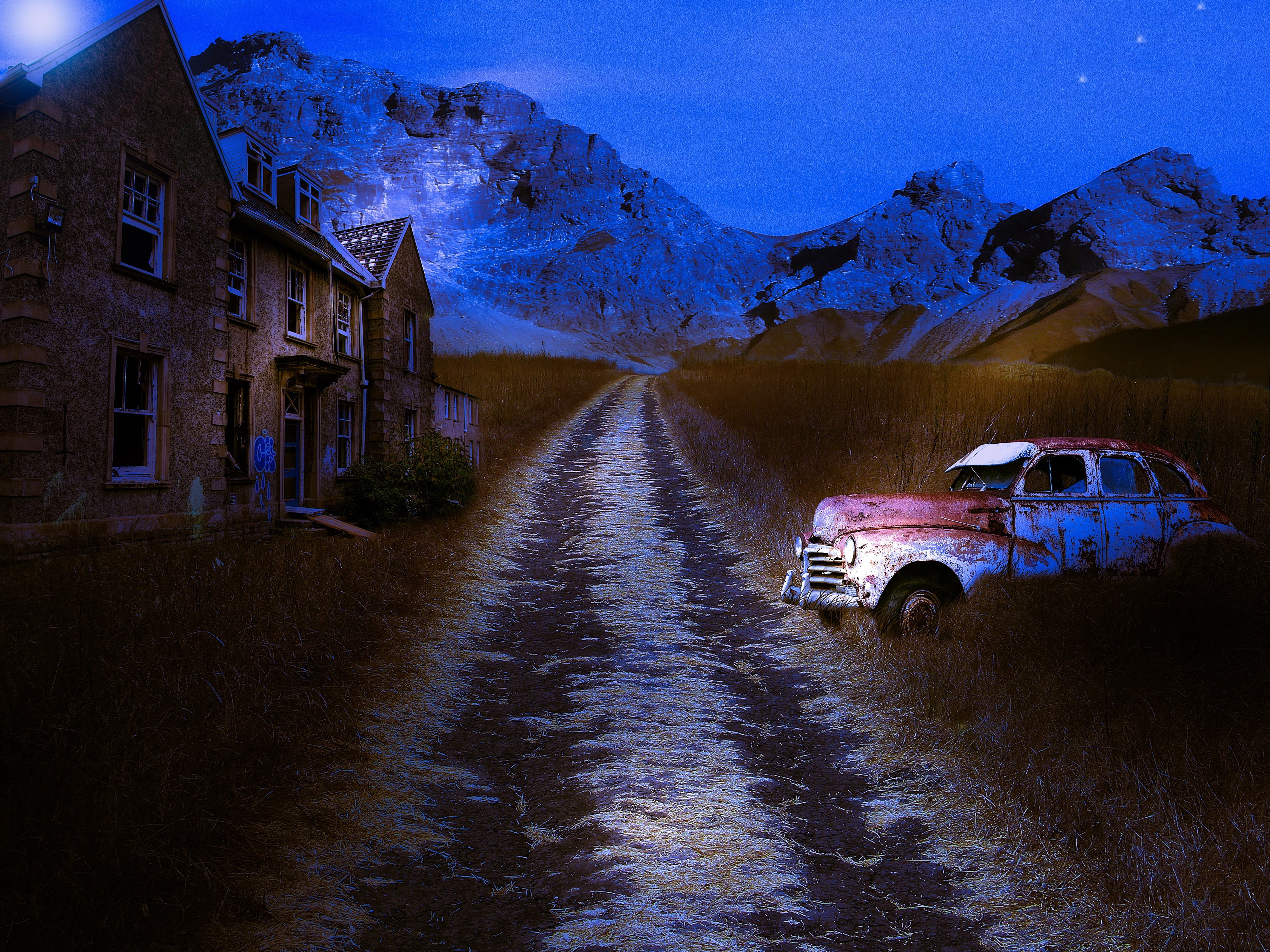 dusk, classic, winter, sky, dirt road, nature, mountain, brown, road, vintage, reflection, outdoors, desert, transportation, 4K, abandoned, stars, motor vehicle, HD Wallpaper