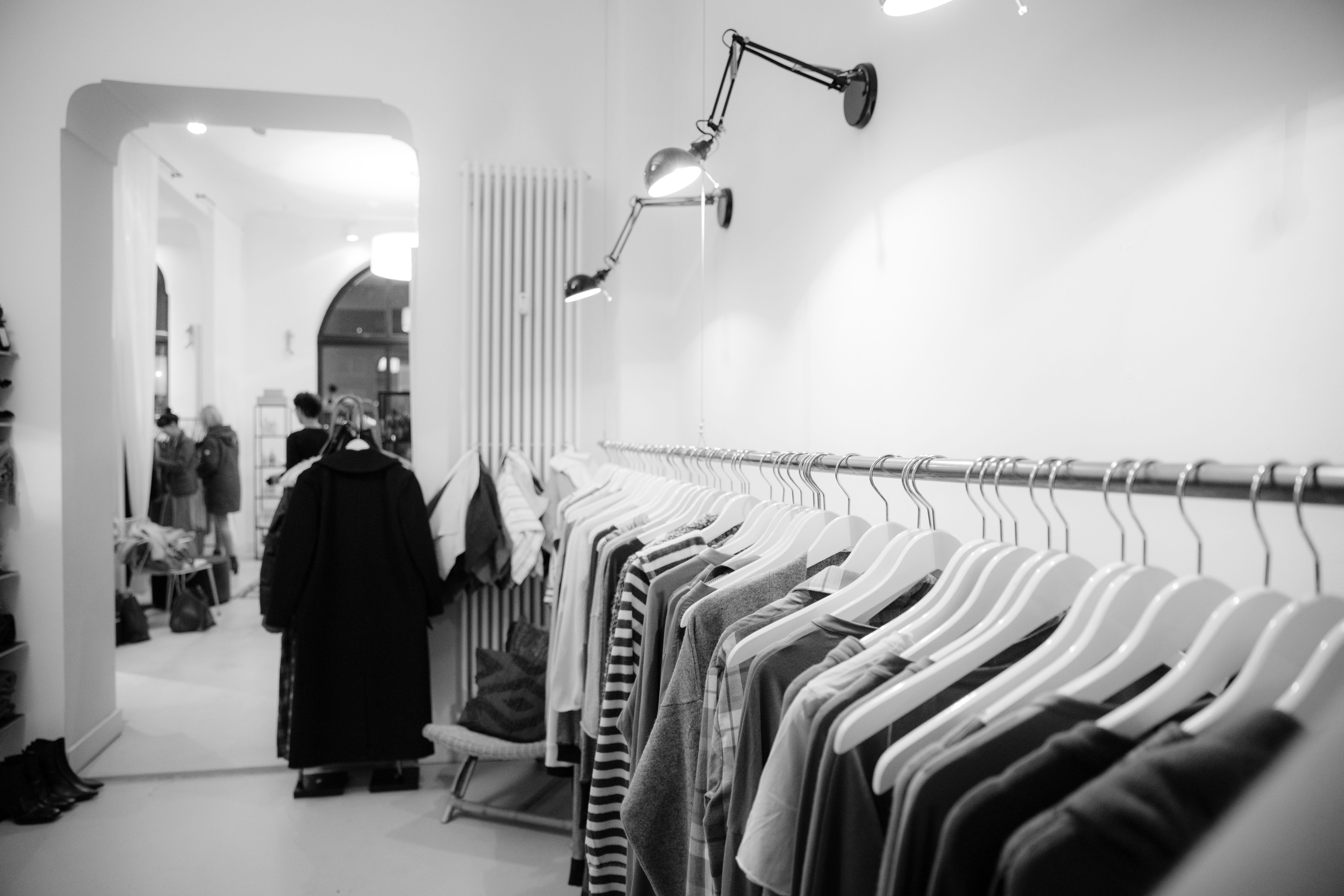 shopping, indoors, room, clothing, lot, coathanger, 5K, fashion photography, apparel, light, lighting equipment, sale, in a row, choice, retail, black-and-white, HD Wallpaper