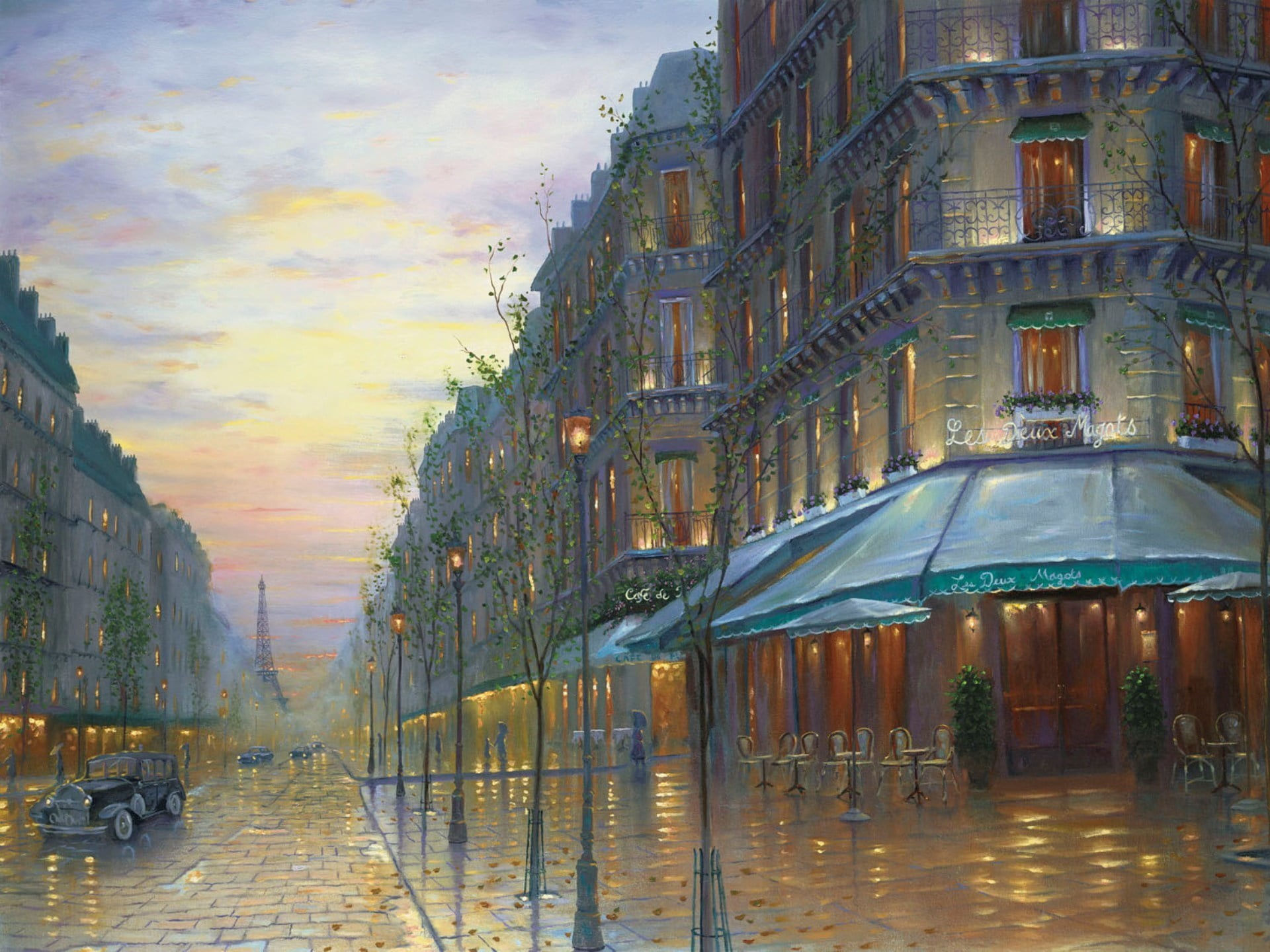 street, sky, 1080P, urban Scene, rain, France, europe, painting, cloud - sky, house, tree, Paris, Robert Finale, night, city Life, dusk, built Structure, HD Wallpaper