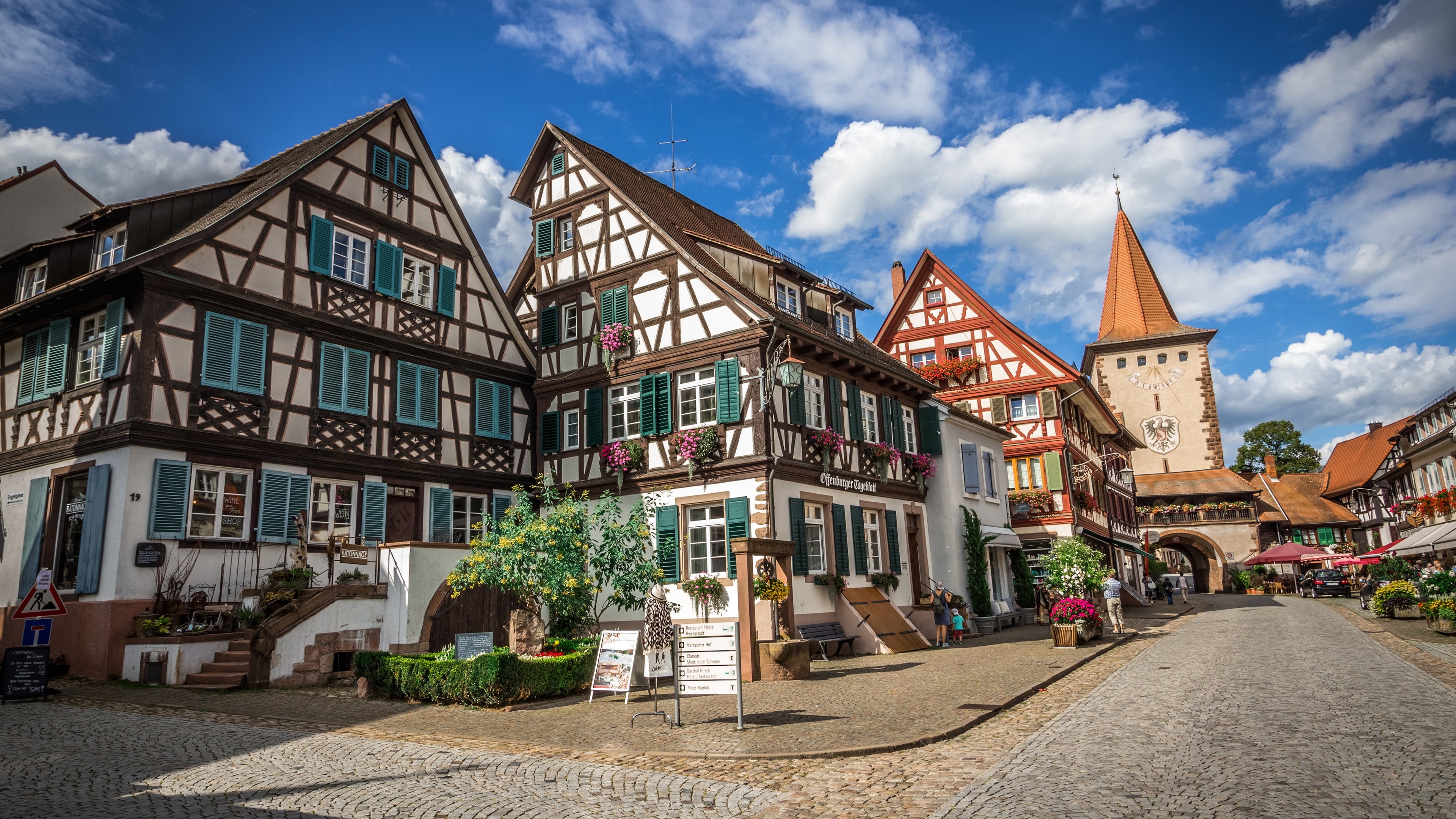 day, germany, window, building exterior, cloud - sky, facade, street, plant, city, 4K, sky, cottage, gengenbach, town, europe, half timbered house, home, HD Wallpaper