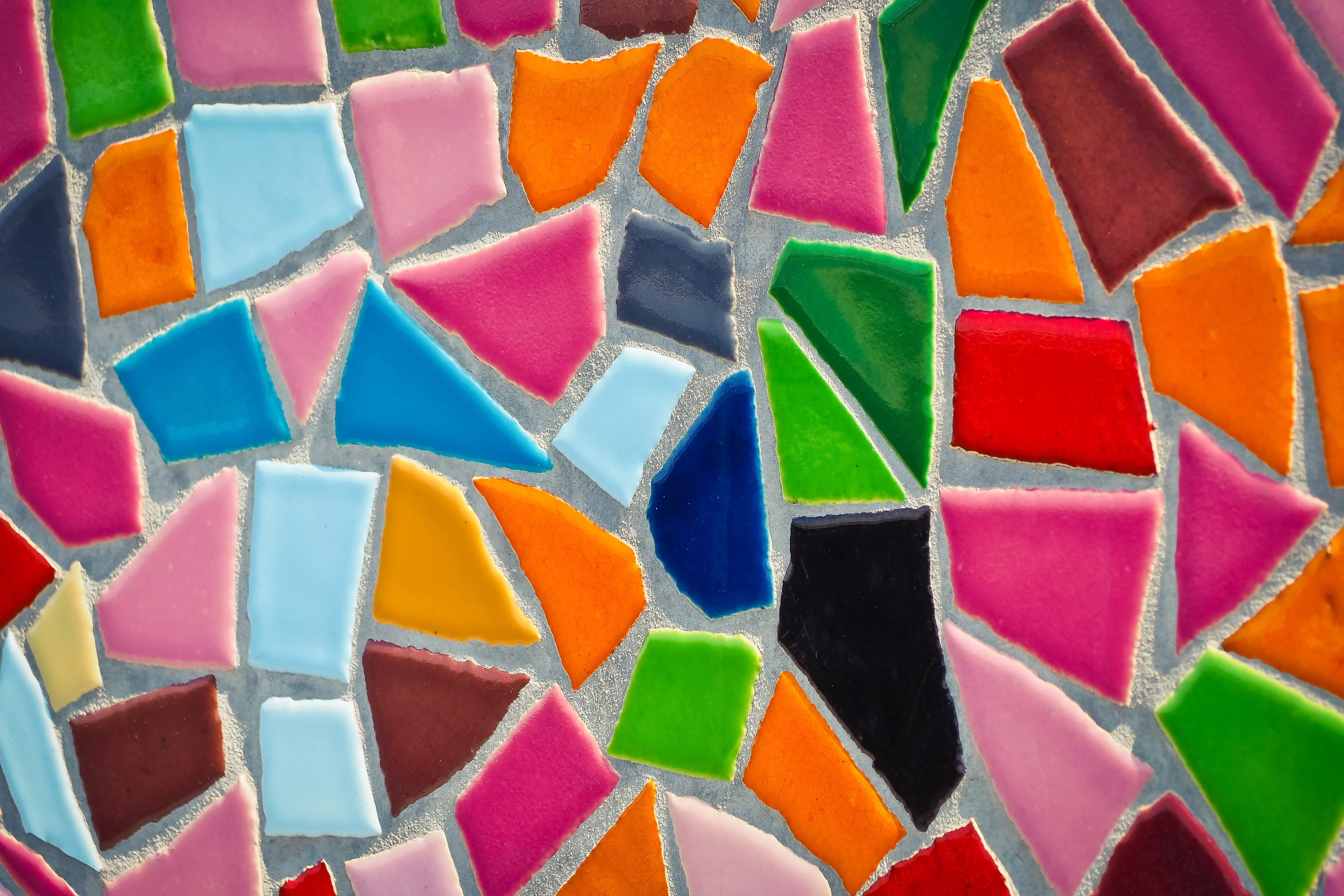 tiles, ornament, modern, wall, various colors, multi colored, broken, 4K, colorful, no people, texture, architecture, shape, full frame, structure, close-up, HD Wallpaper