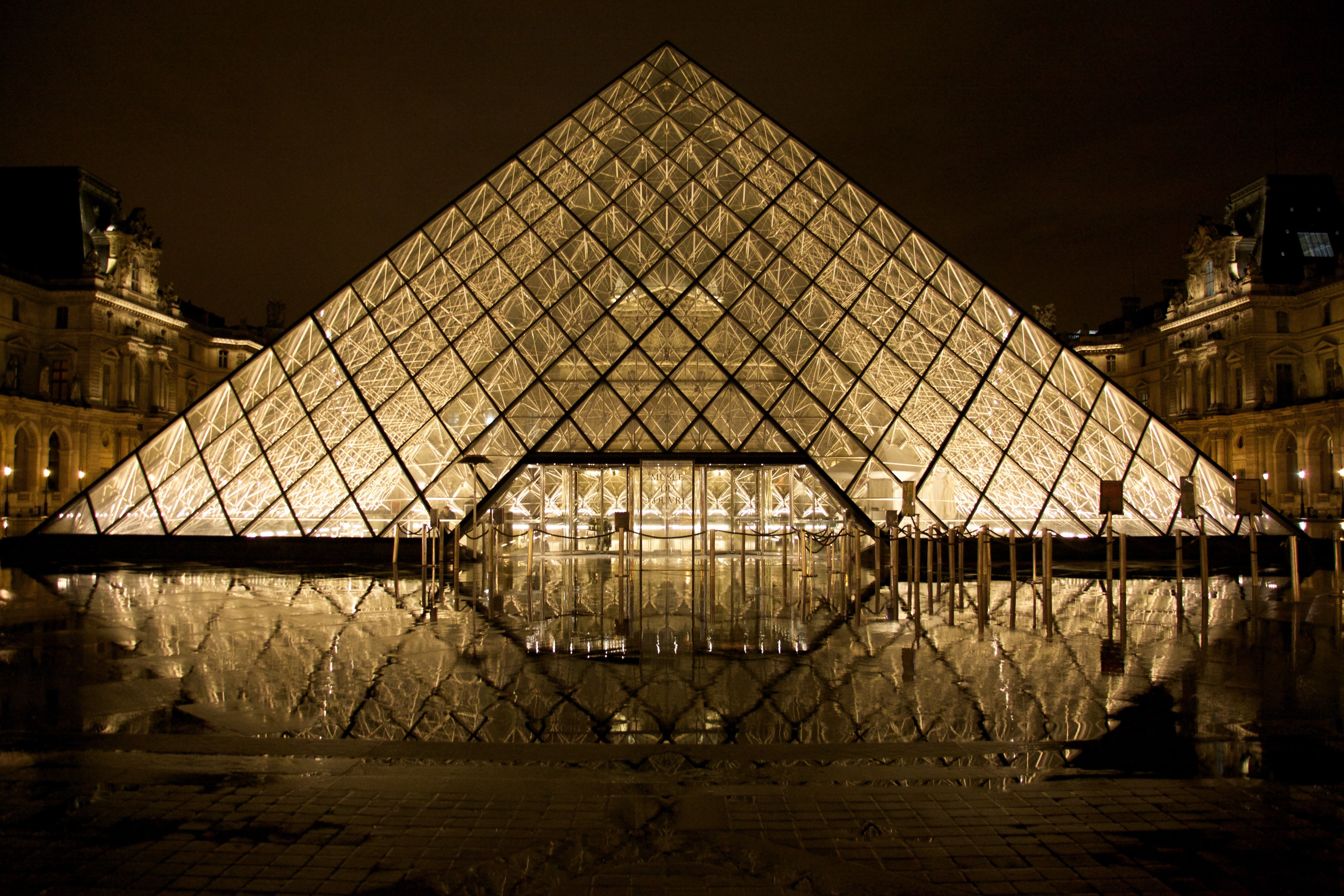 outdoors, architecture, shape, city, night, history, nature, the past, sky, building, Louvre, water, building exterior, Paris, reflection, no people, 5K, HD Wallpaper
