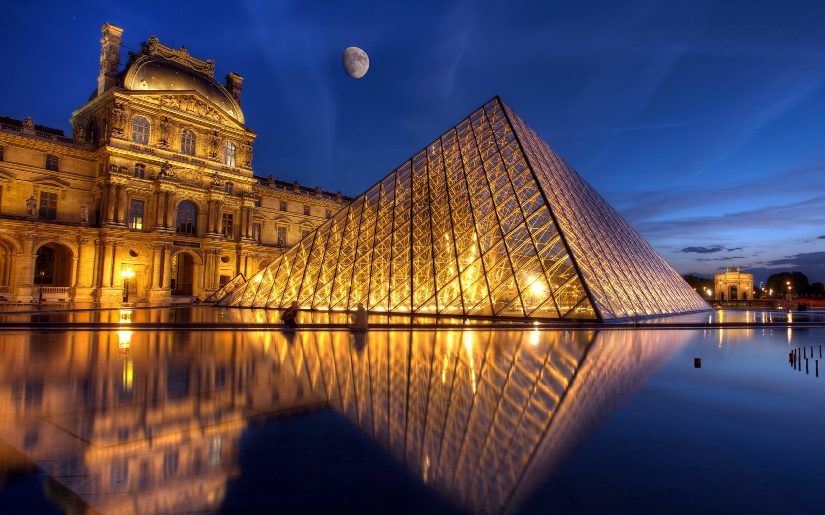 nature, water, 720P, Louvre, photo manipulation, night, sky, history, building exterior, travel destinations, illuminated, dusk, building, tourism, pyramid, HD Wallpaper