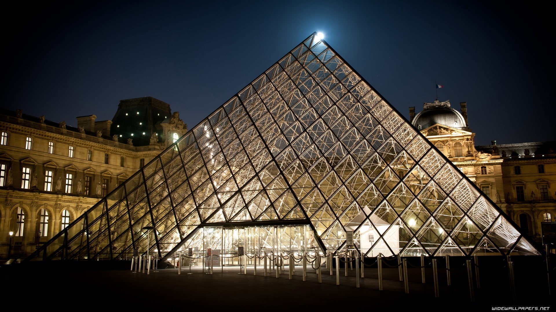 no people, night, travel destinations, city, clear sky, building exterior, France, tourism, travel, window, sky, low angle view, illuminated, pyramid, the past, HD Wallpaper