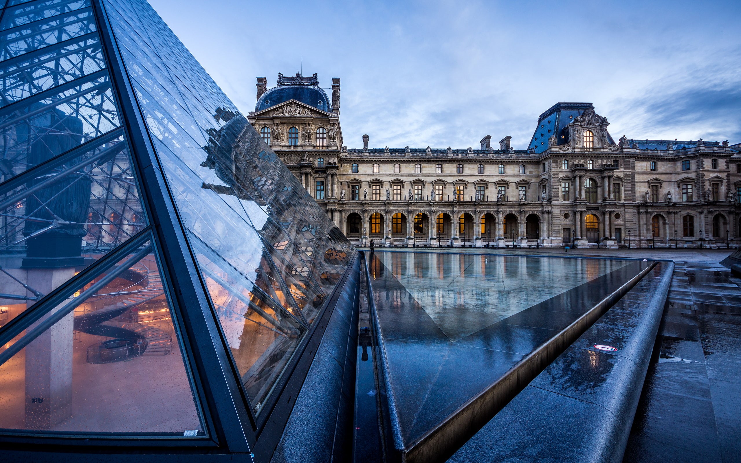buildings, pyramid, 2K, paris, architecture, the, reflection, louvre, hd, HD Wallpaper