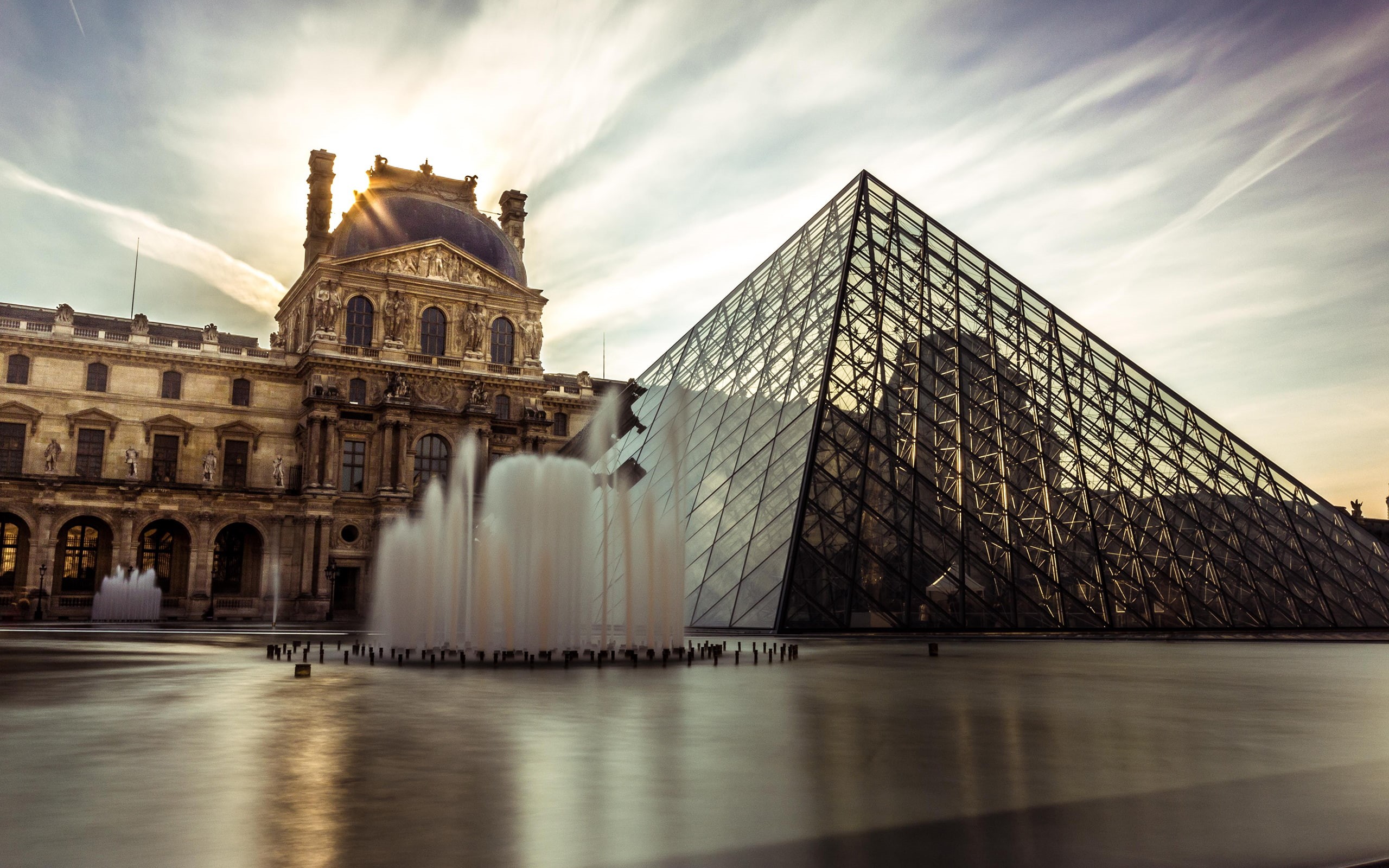sunlight, fountain, paris, 2K, buildings, the, pyramid, hd, louvre, architecture, HD Wallpaper