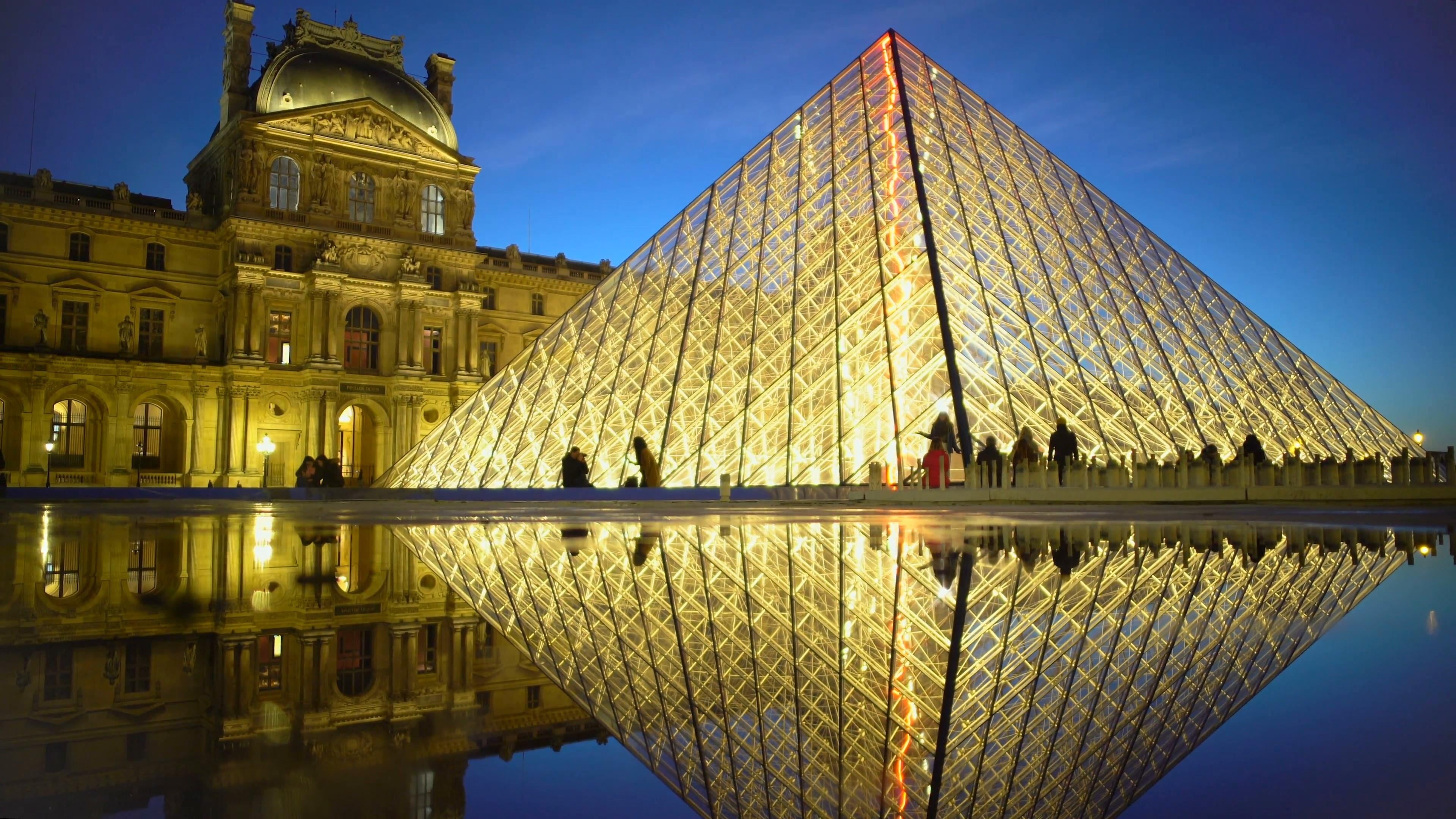 city, landmark, lake, reflecting pool, illuminated, the past, travel, louvre, architecture, tourist attraction, built structure, tourism, lighting, evening, HD Wallpaper