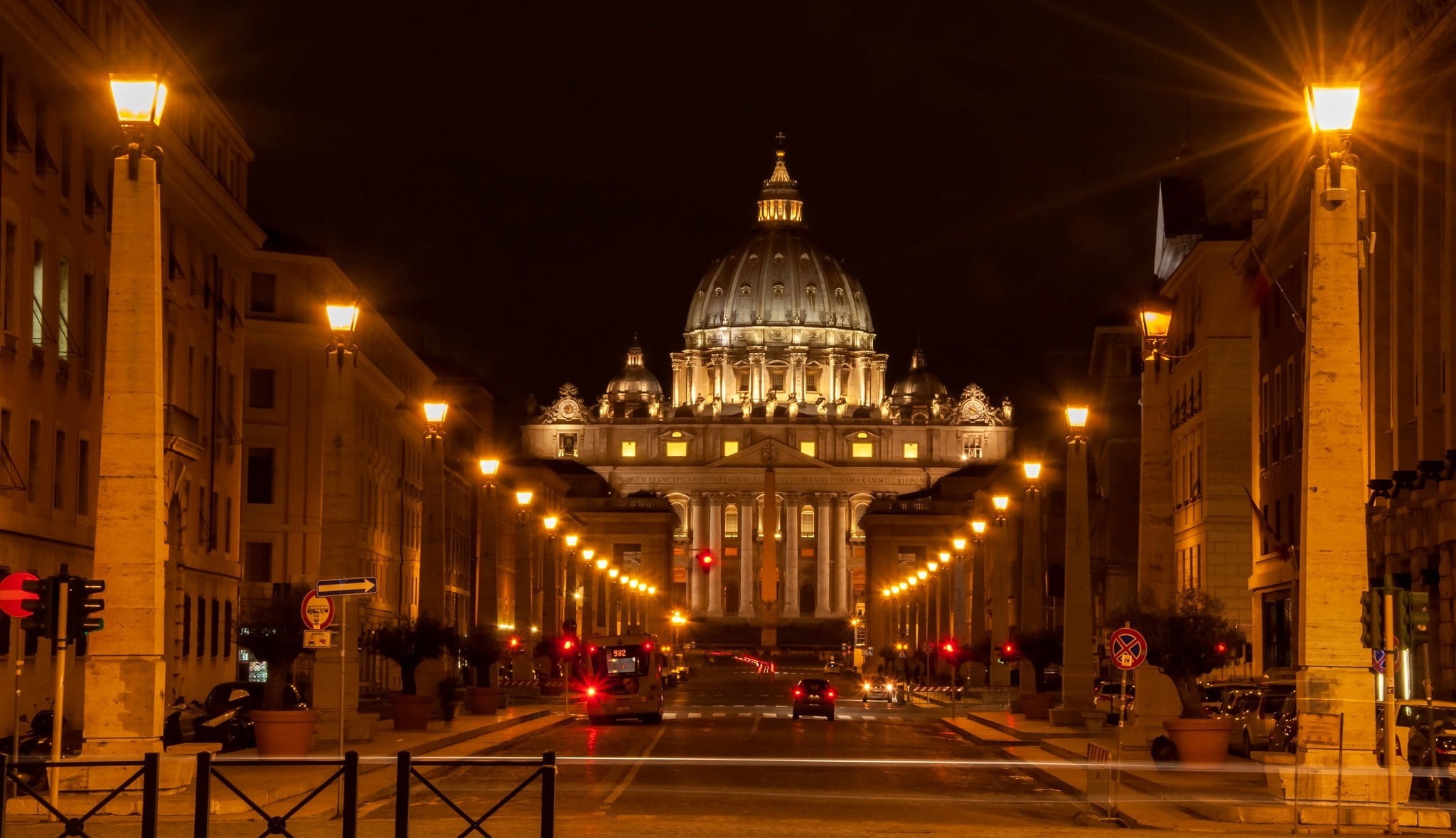 street, road, citt, Piazza San Pietro, Rome, vaticano, stato, Vatican City, lighting, lights, city, vatican, 1080P, del, Italy, della, Basilica Sancti Petri, HD Wallpaper