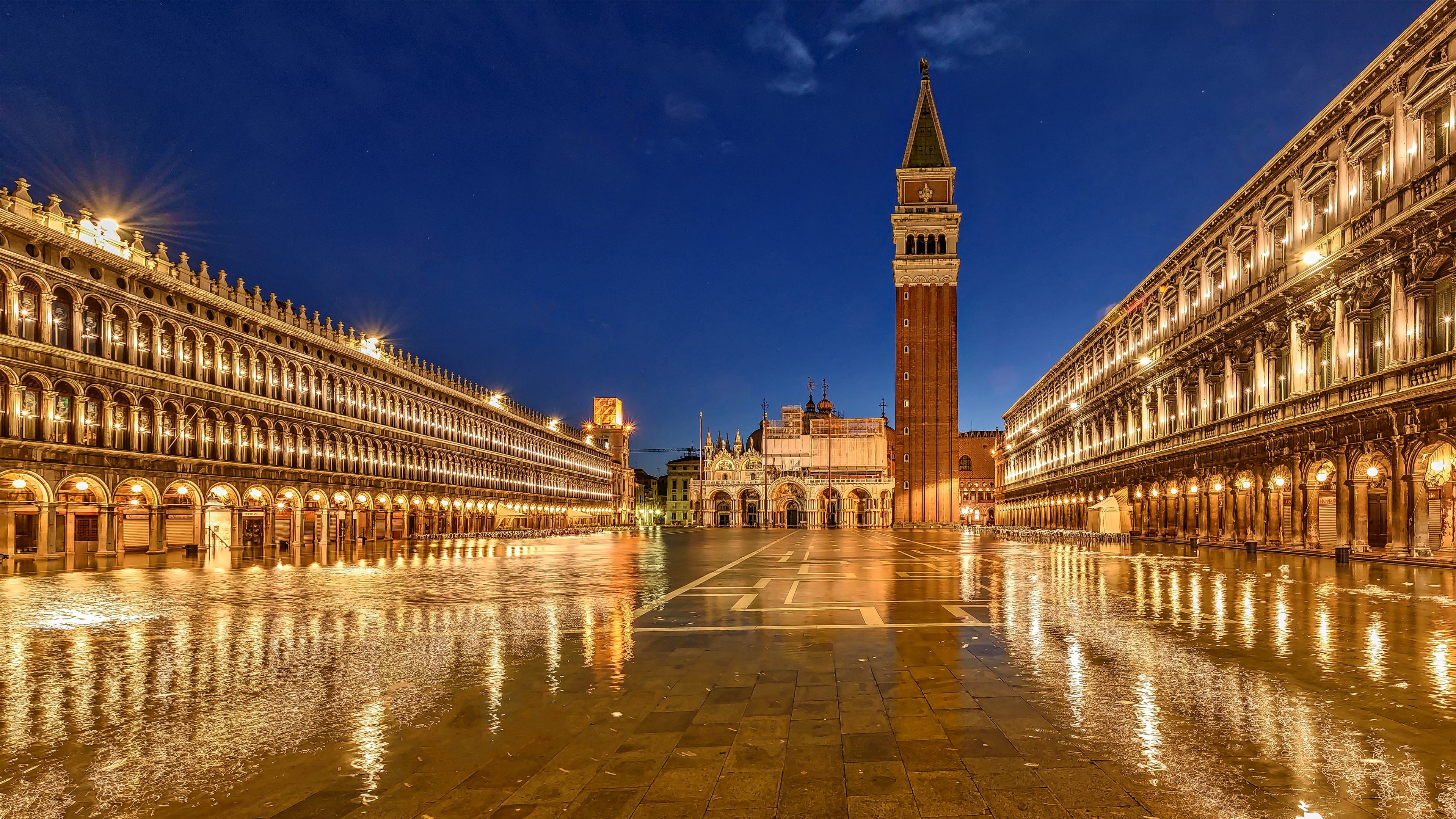 square, reflection, eu, piazza san marco, sky, evening, reflecting, europe, 4K, tourist attraction, landmark, st mark square, st marks square, night, venice, HD Wallpaper