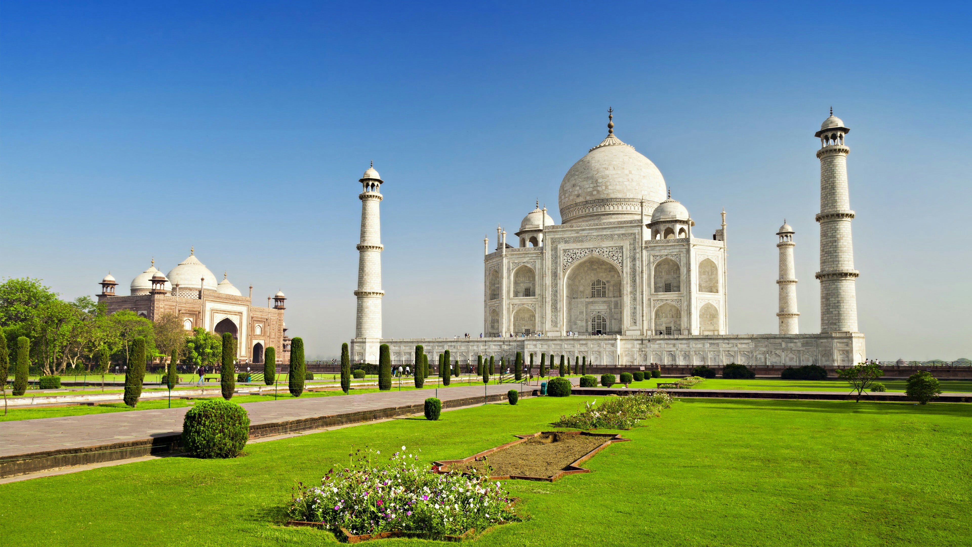mosque, agra, taj mahal, history, arch, sky, palace, tourism, tourist attraction, mausoleum, dome, asia, grass, 4K, wonders of the world, india, landmark, HD Wallpaper