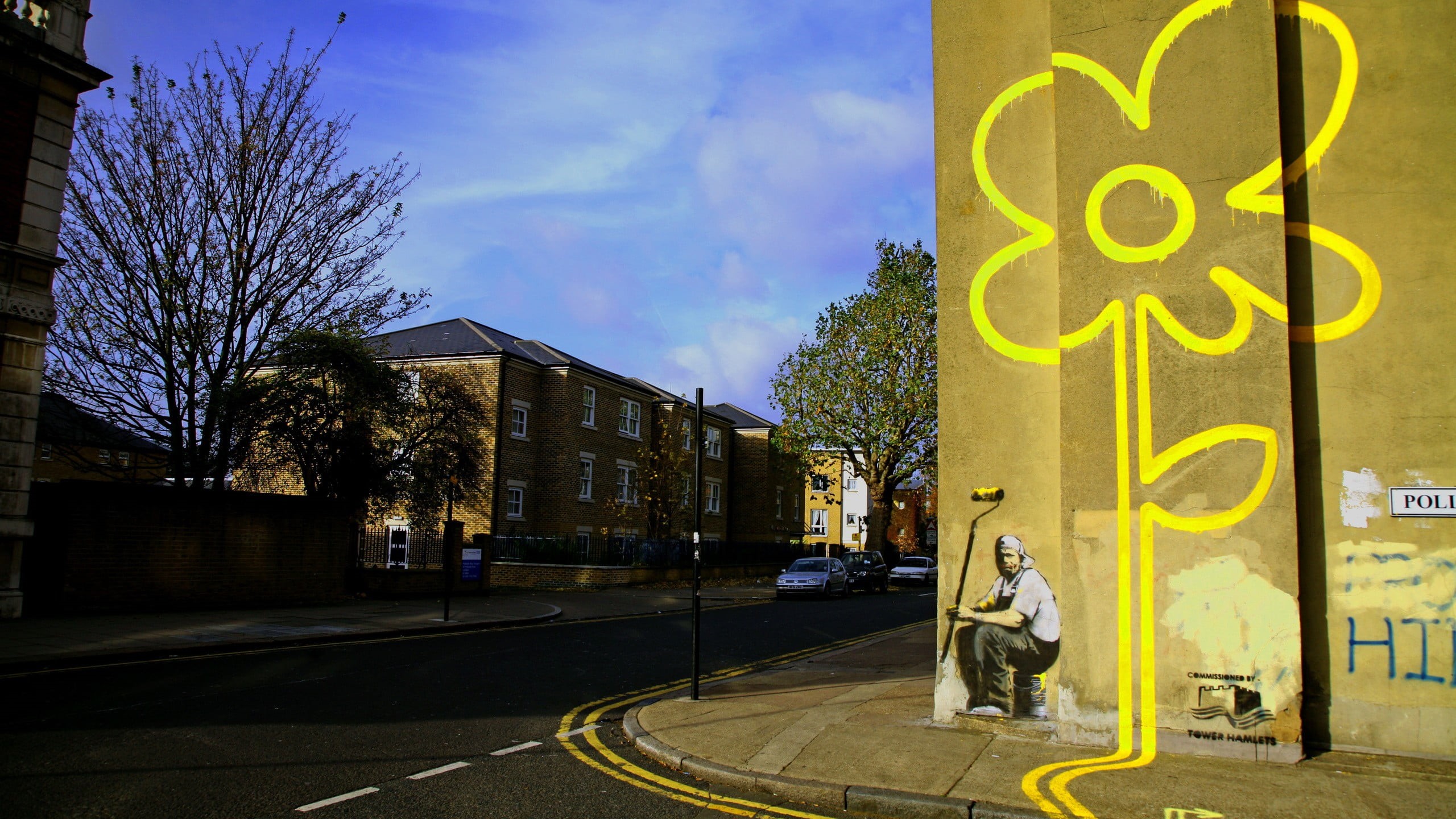 yellow, sky, architecture, graffiti, flower, transportation, men, road, art and craft, building, outdoors, built structure, tree, real people, cloud - sky, HD Wallpaper