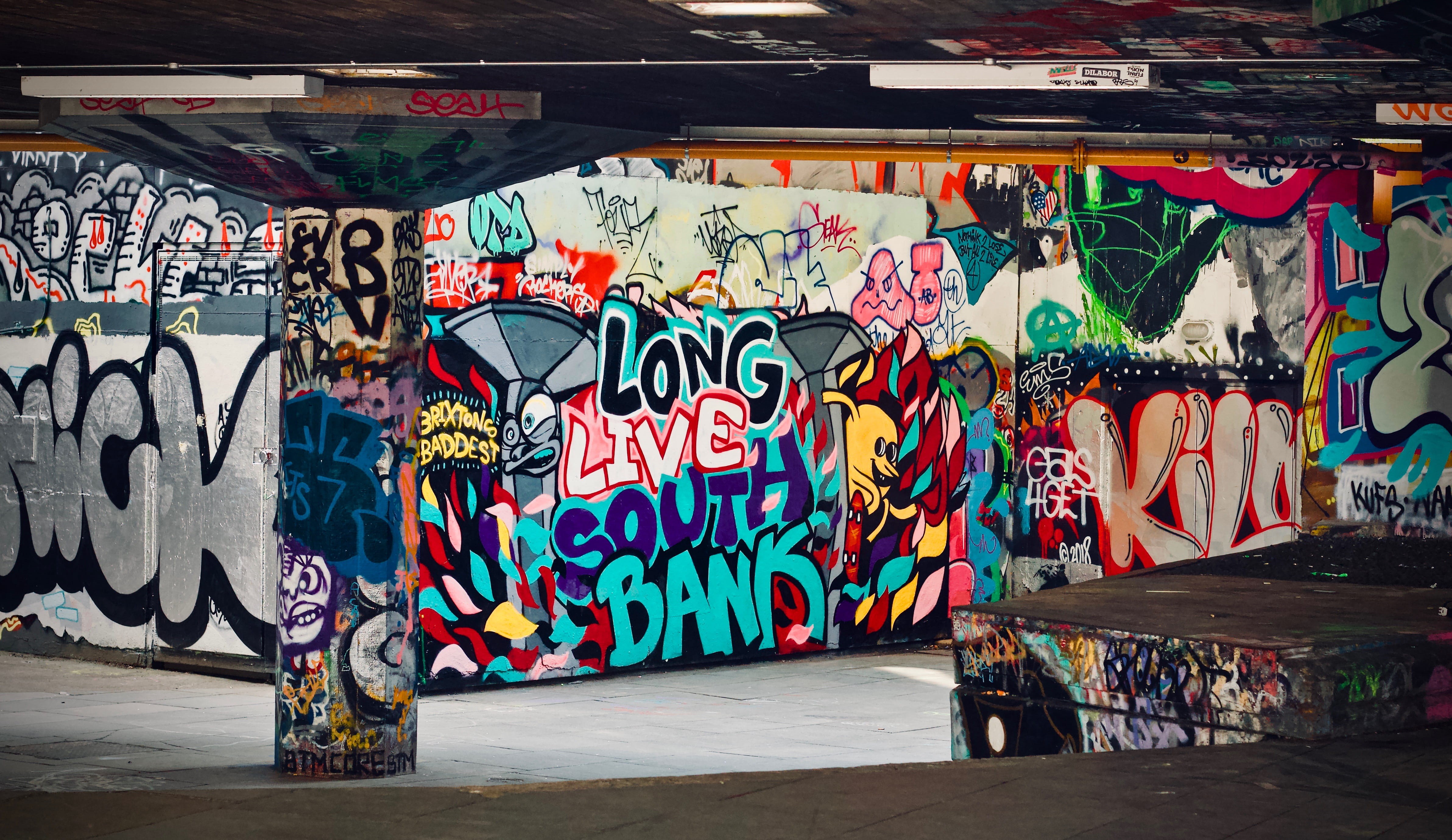 graffiti, no people, mural, skatepark, skater, 4K, city, human representation, text, art, street art, craft, wall, day, architecture, south bank, art and craft, HD Wallpaper