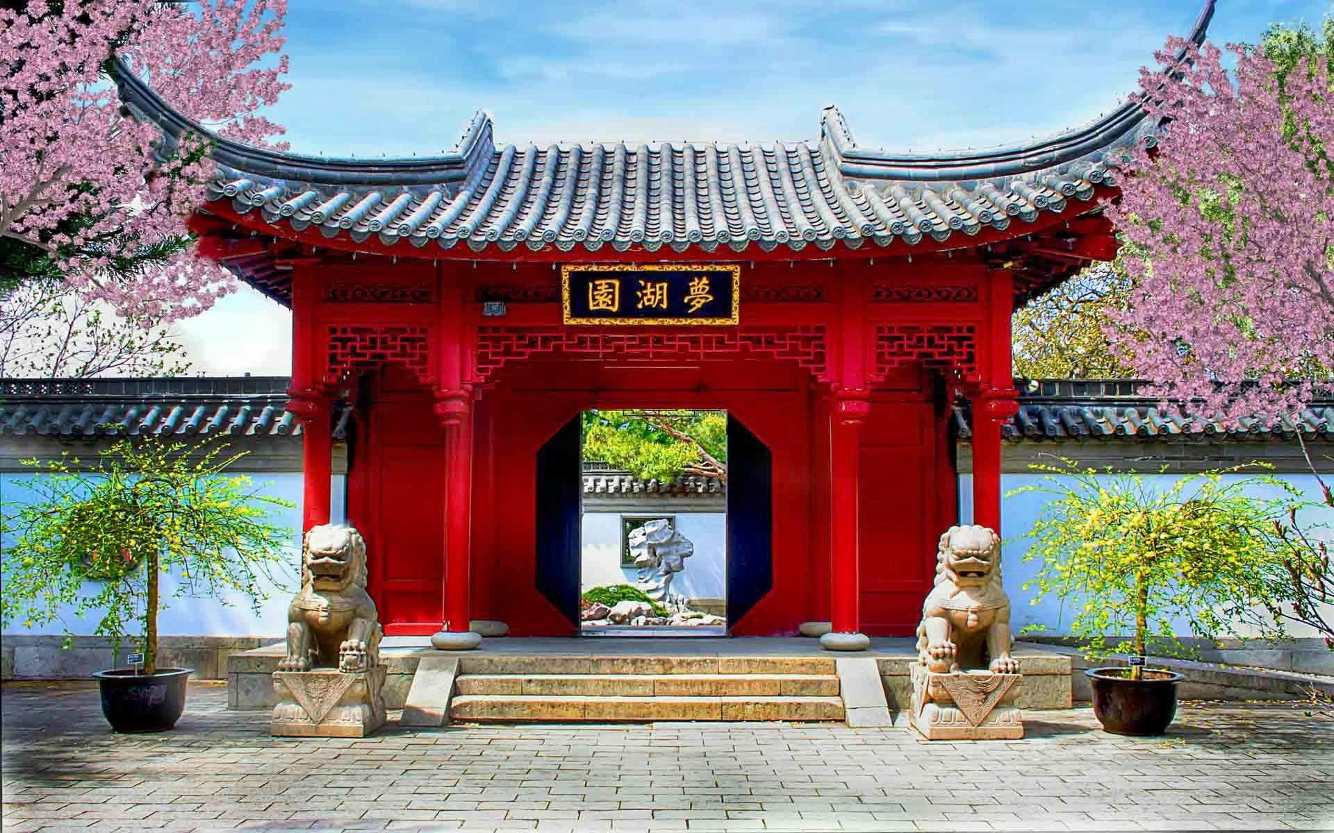 animals, gate, religious, 1080P, trees, temple, architecture, HD Wallpaper