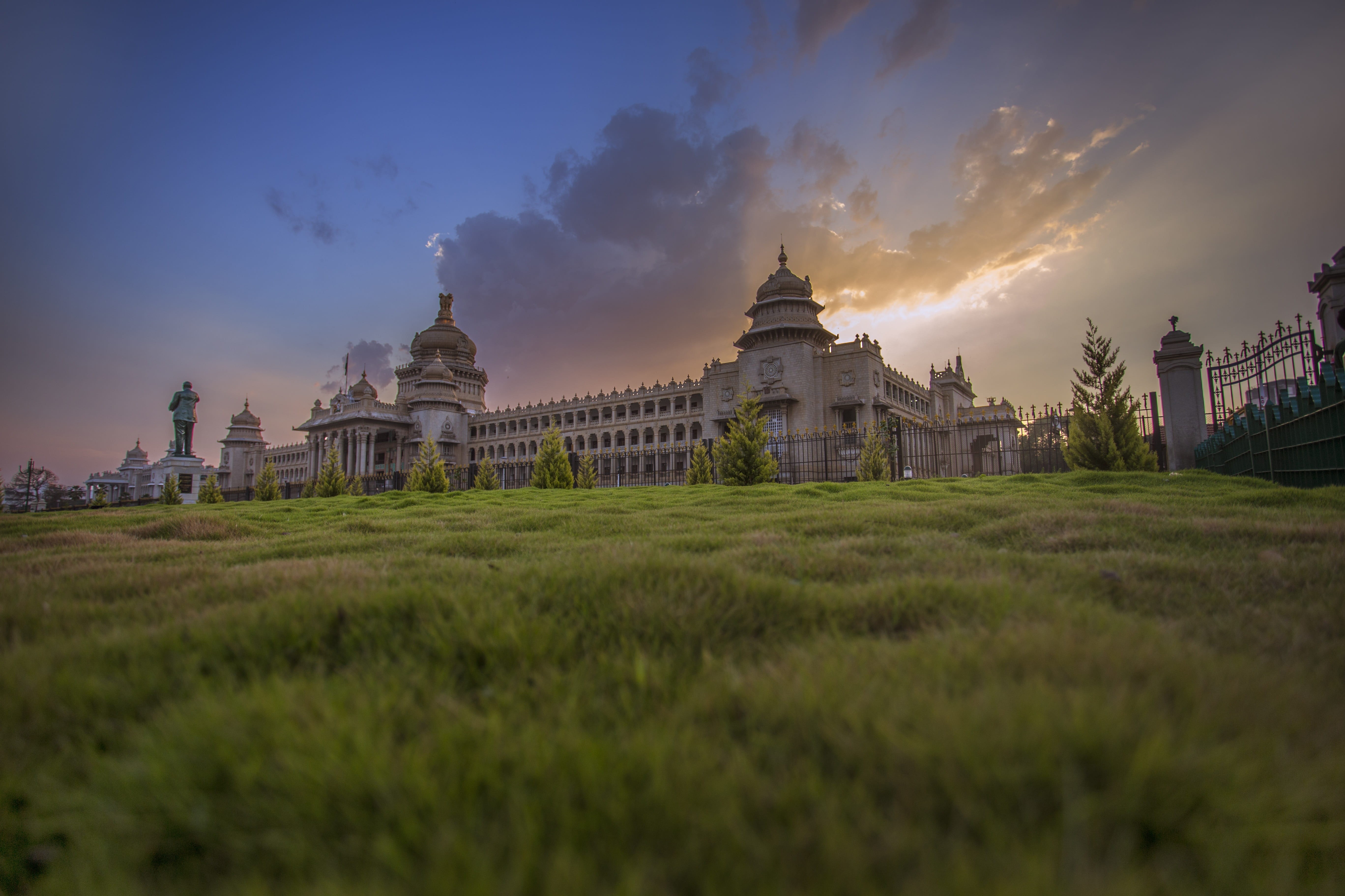 white, landmark, sky, built structure, landscape, historical, soudha, religion, palace, travel, india, sunset, the past, no people, architecture, karnataka, HD Wallpaper