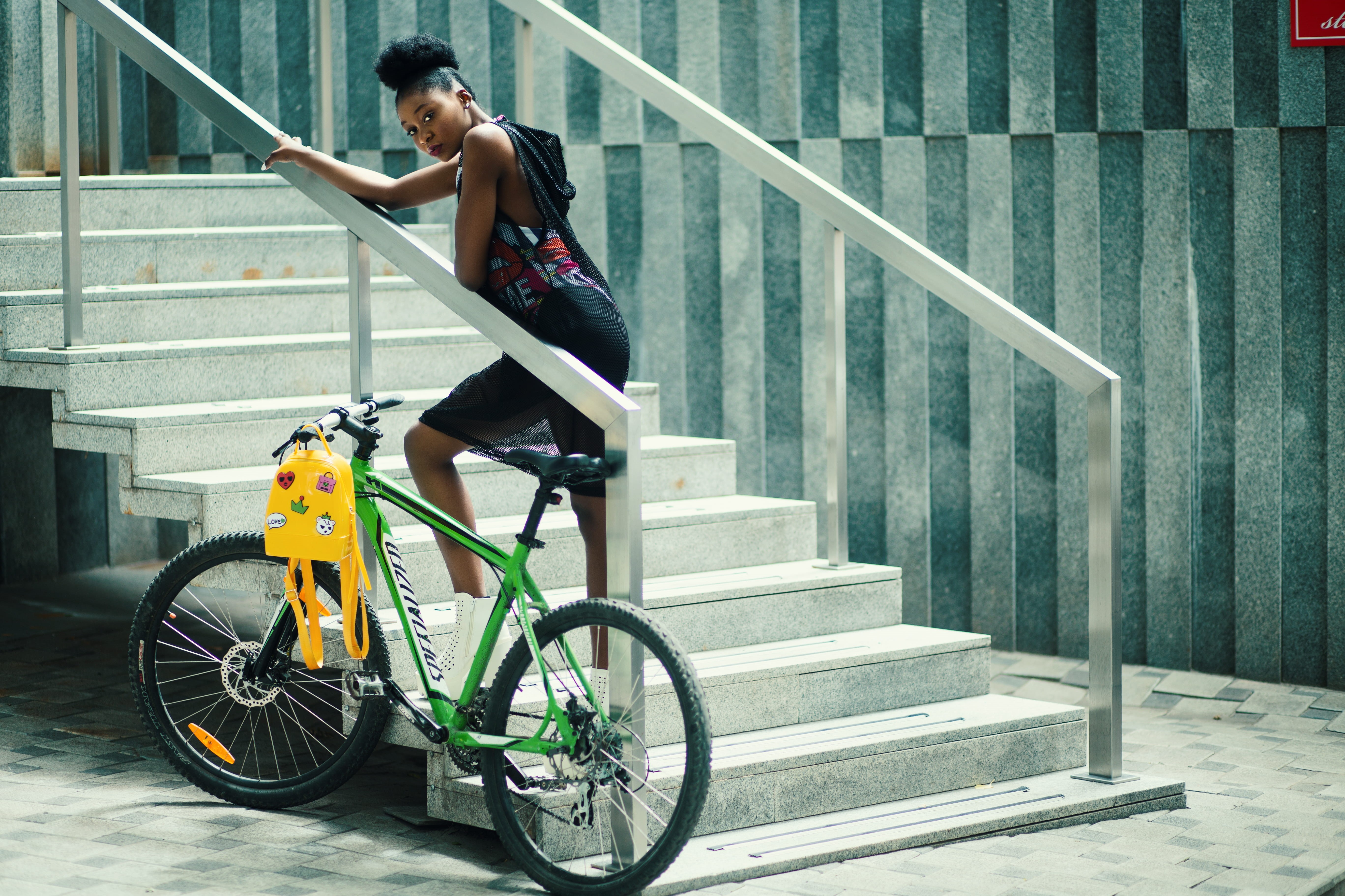 sleeveless, handrails, person, day, model, hooded, adult, pretty, feminine, dress, bicycle, girl, beautiful woman, one person, female model, outdoors, women fashion, HD Wallpaper