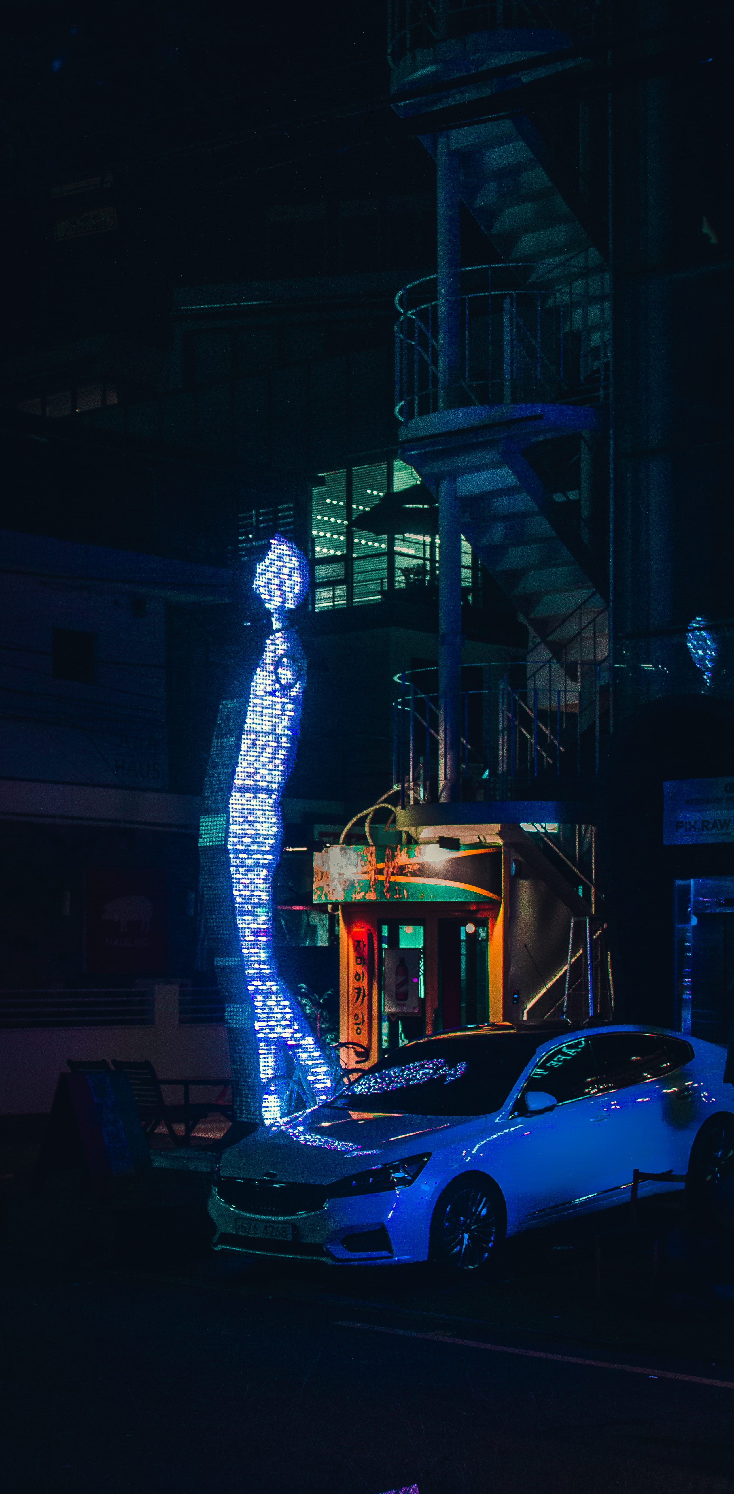 night, light - natural phenomenon, built structure, car, illuminated, art and craft, neon, architecture, transportation, city, motion, korea, south korea, Phone HD Wallpaper