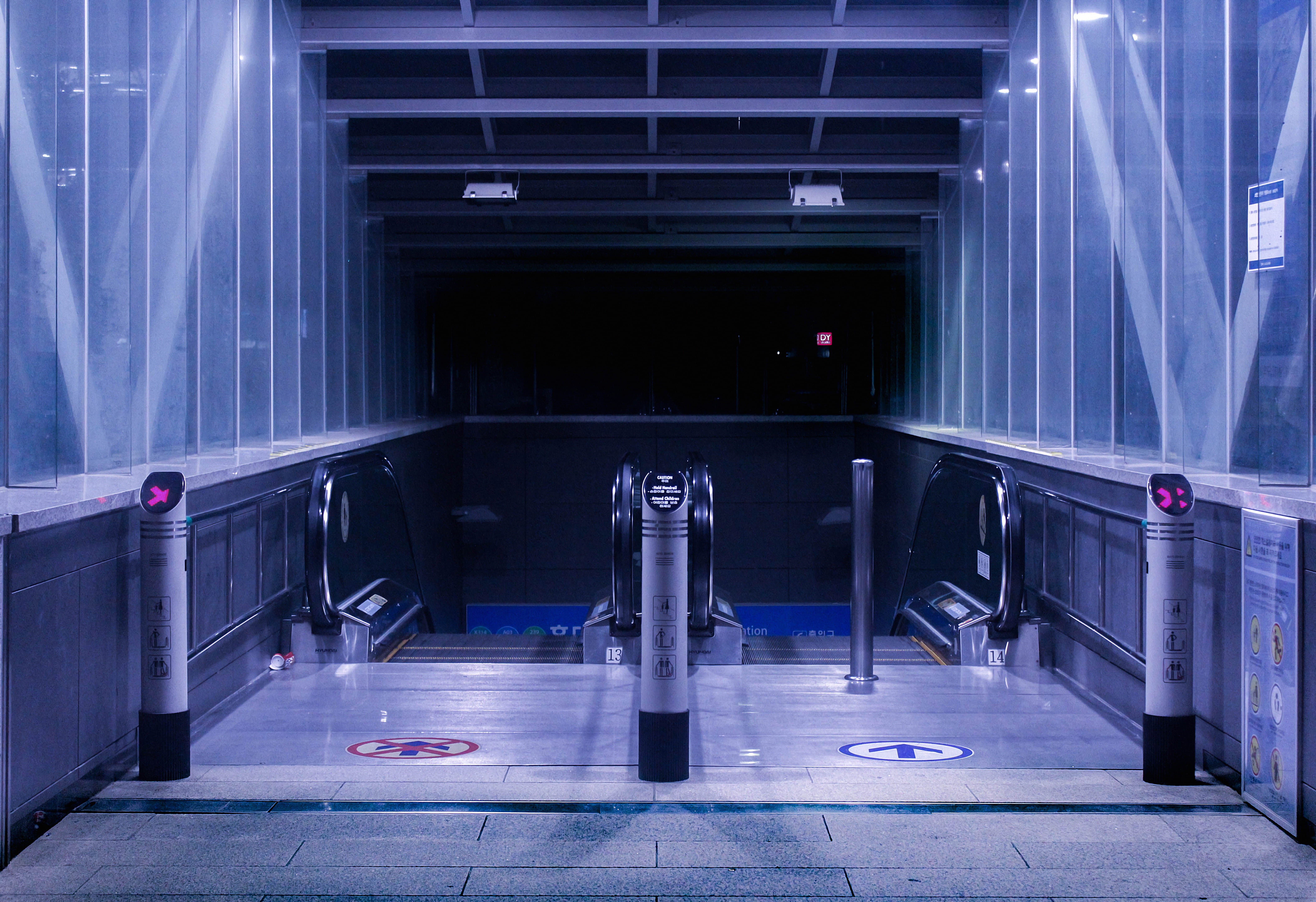 no people, absence, cyberpunk, seoul, 5K, blue, city, indoors, empty, illuminated, south korea, built structure, night, public transportation, neon, travel, HD Wallpaper