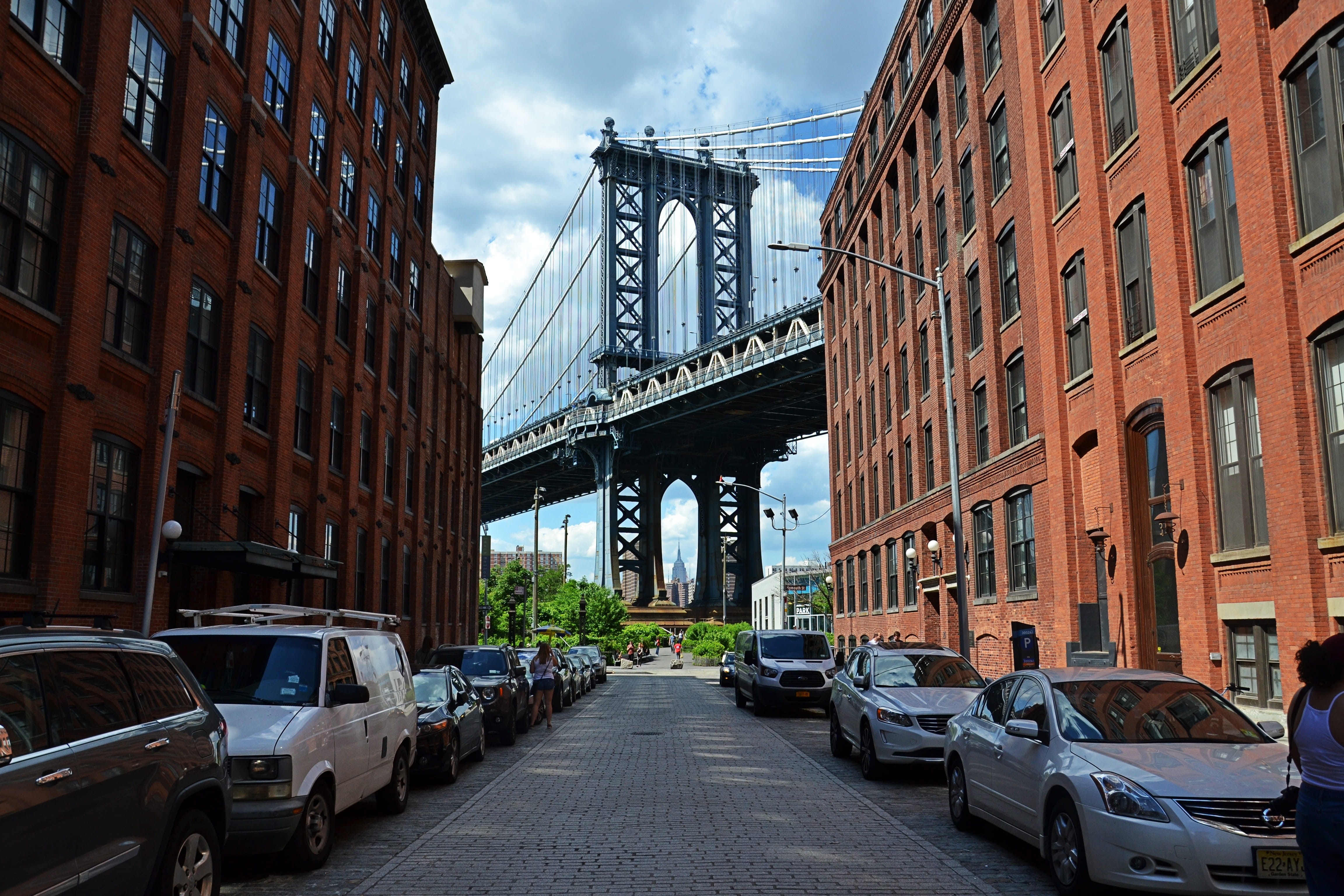 brooklyn, mode of transportation, east, road, car, photography, nyc, connection, dumbo, diminishing perspective, bridge, sky, street, incidental people, HD Wallpaper