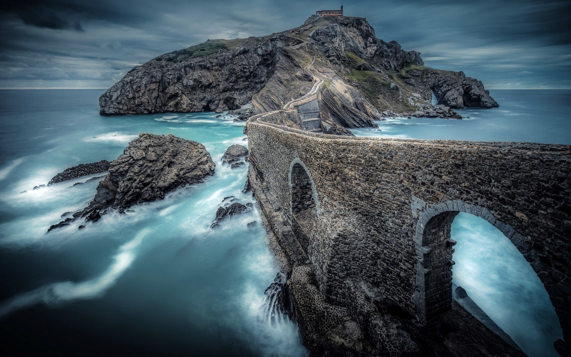 scenics - nature, rock - object, beauty in nature, clouds, Spain, rock formation, nature, rock, sky, 1080P, water, tranquility, long exposure, island, HD Wallpaper