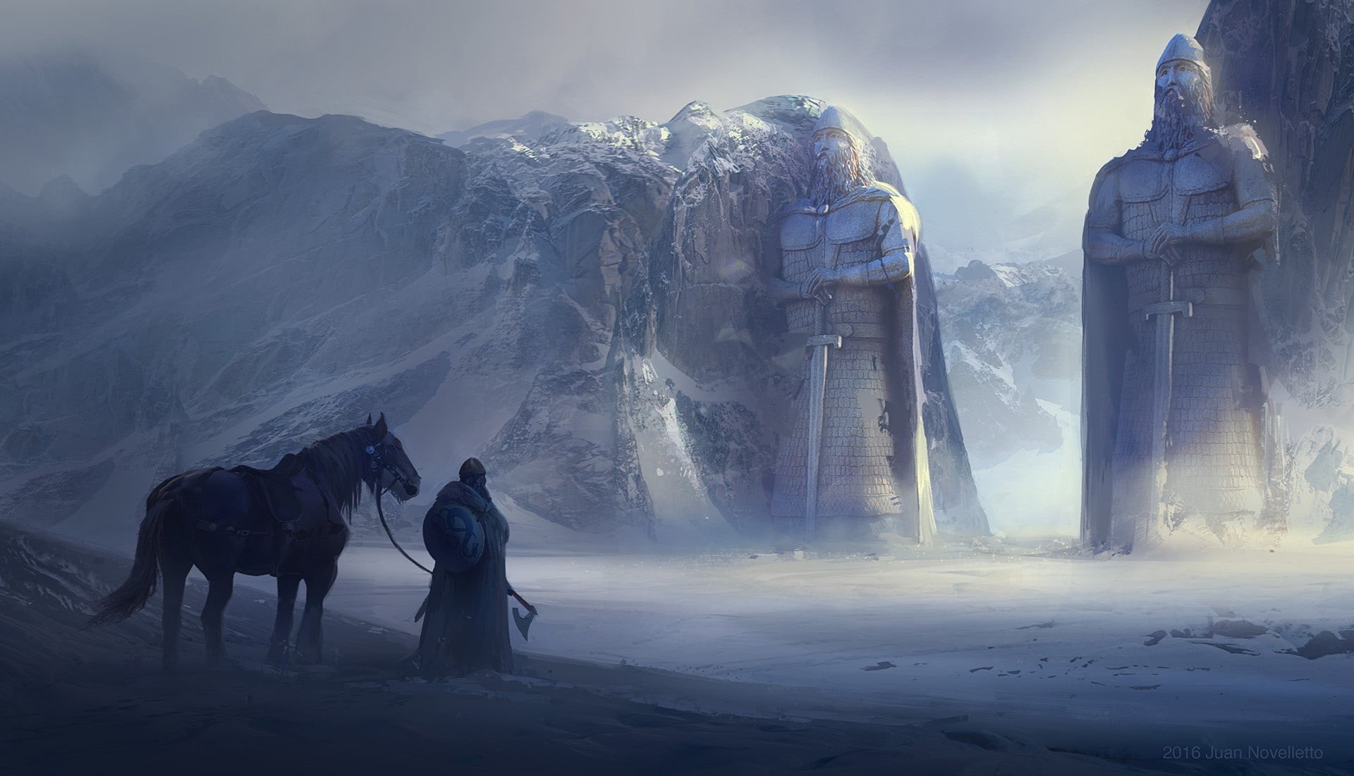 viking door, horse, Juan Novelletto, viking statues, the gates, statues, mountains, 1080P, warrior, HD Wallpaper