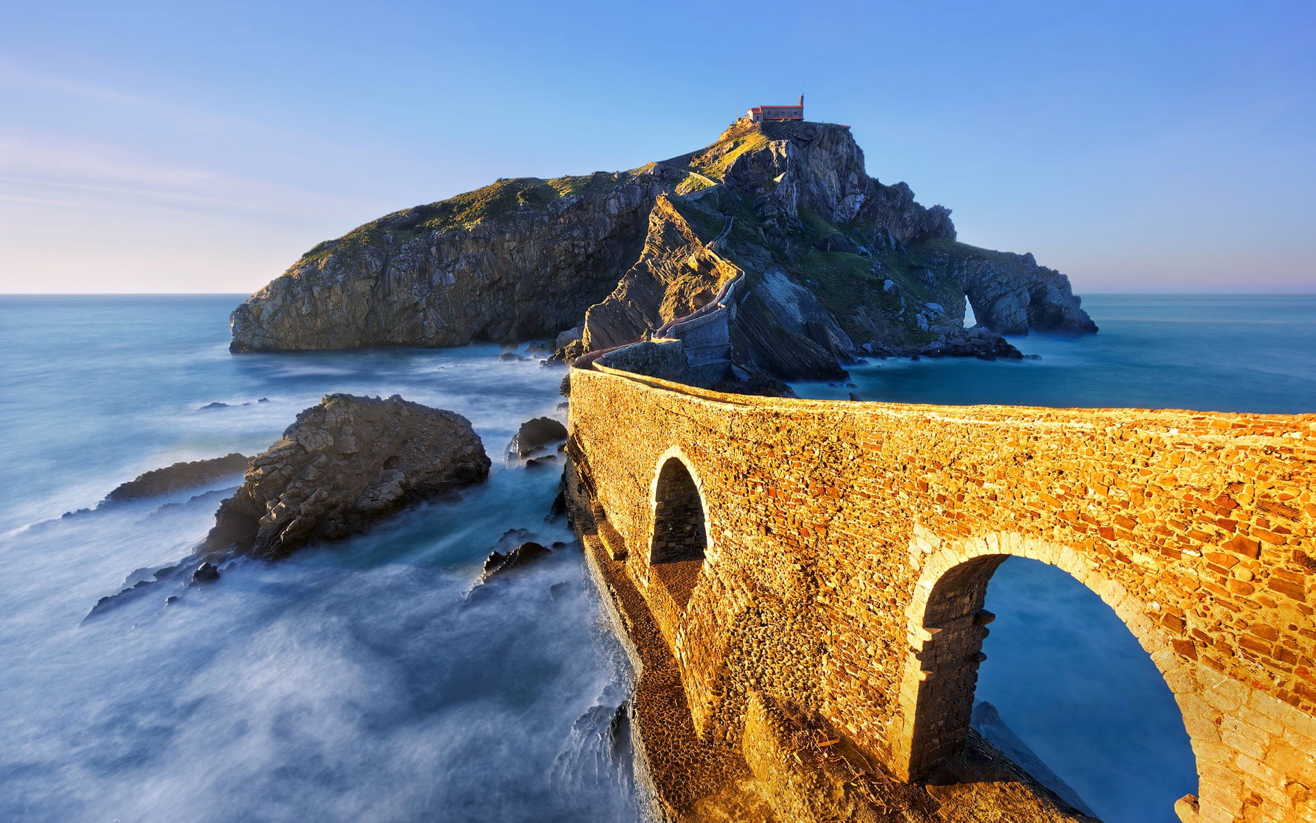 rocks, architecture, beach, sky, horizon, Spain, rock - object, outdoors, nature, non-urban scene, bridge, scenics - nature, land, gaztelugatxe, Basque Country, HD Wallpaper