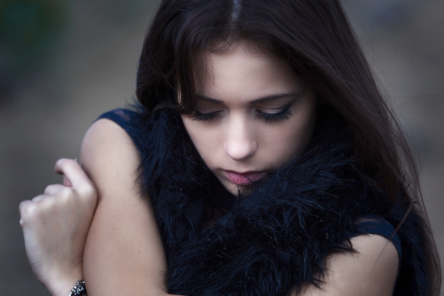 model, women, young adult, hairstyle, 720P, Juan Renart, emotion, long hair, contemplation, hair, looking down, beautiful woman, brunette, sadness, depression - sadness, HD Wallpaper