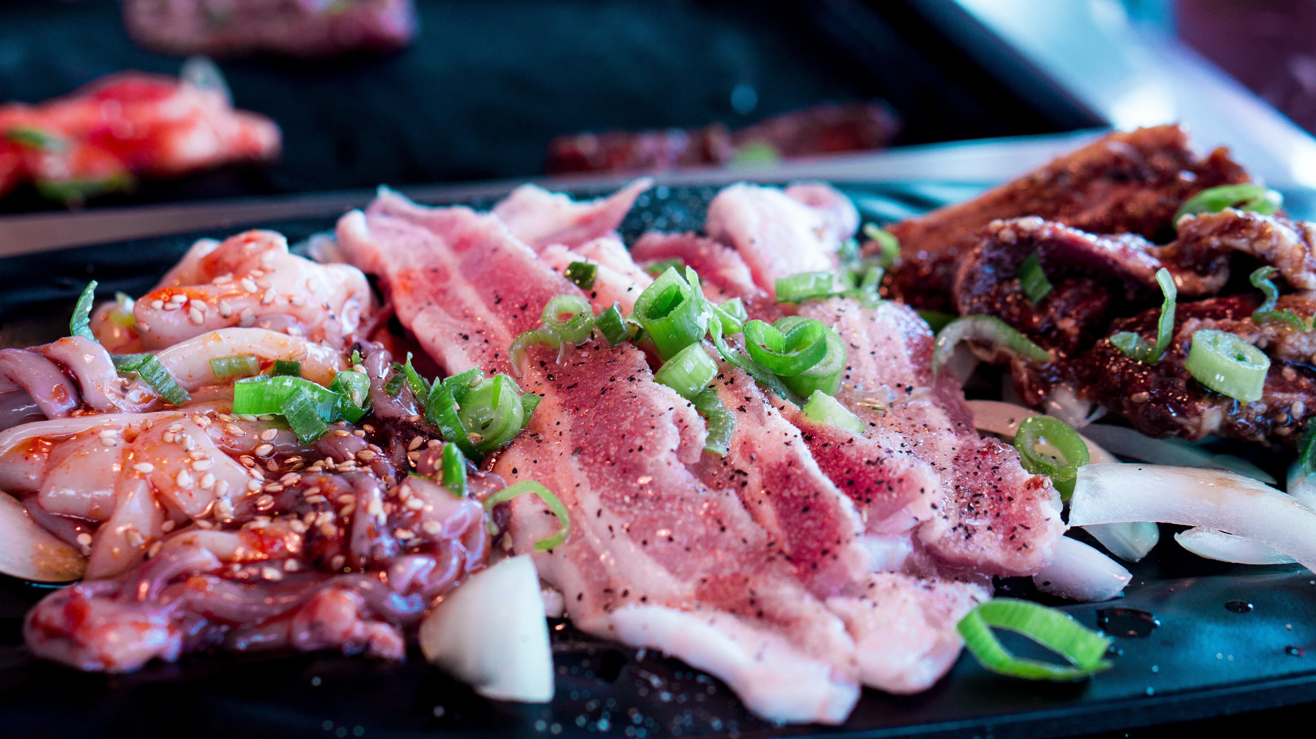 surface, black, barbecue, beef, delicious, octopus, ready-to-eat, fruit, meat, garnish, kitchen utensil, dinner, restaurant, no people, close-up, asian, HD Wallpaper