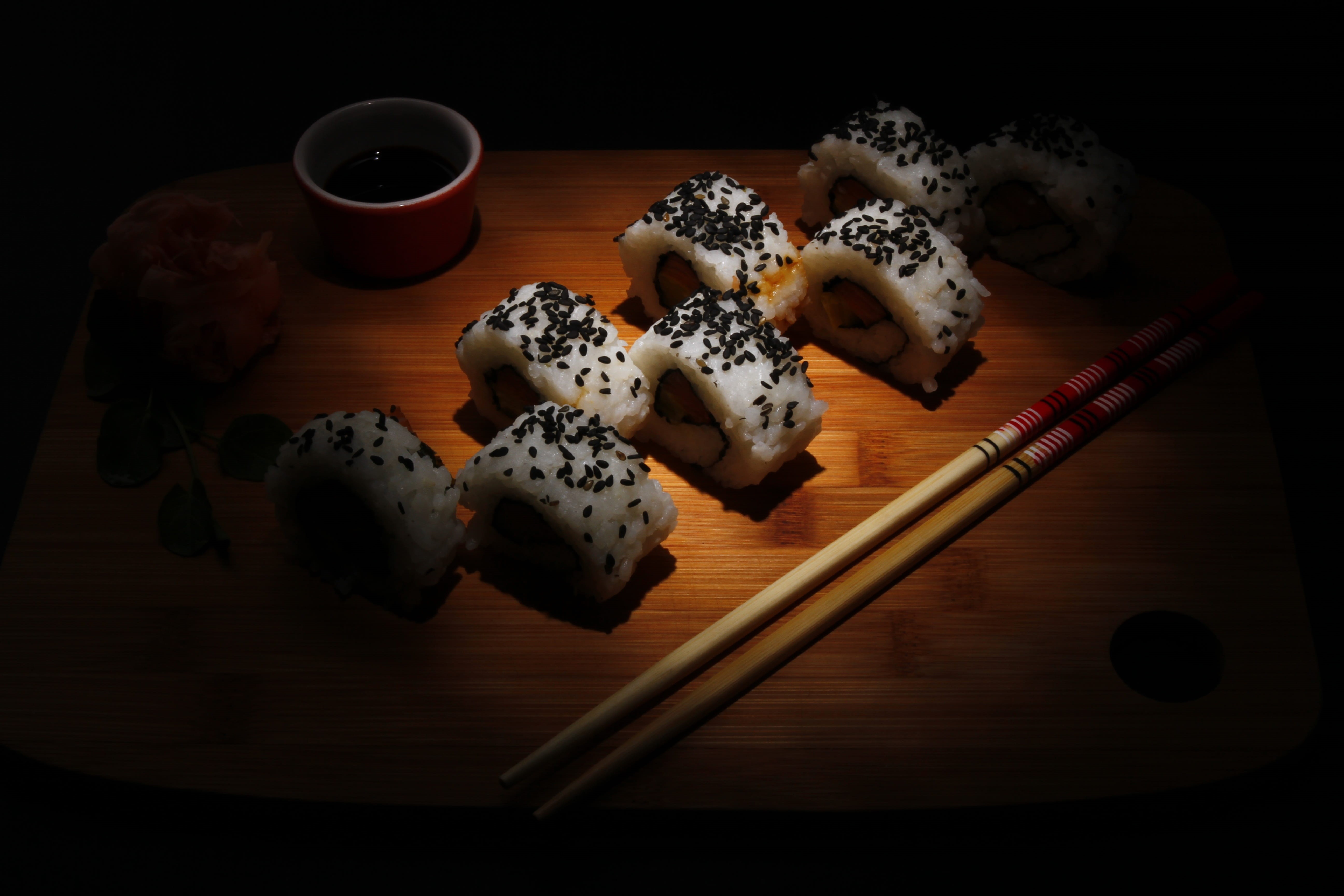 japanese, freshness, roll, indoors, restaurant, food And Drink, healthy Eating, 5K, temptation, snack, studio shot, cup, mug, tea cup, Sushi, dinner, sticks, HD Wallpaper
