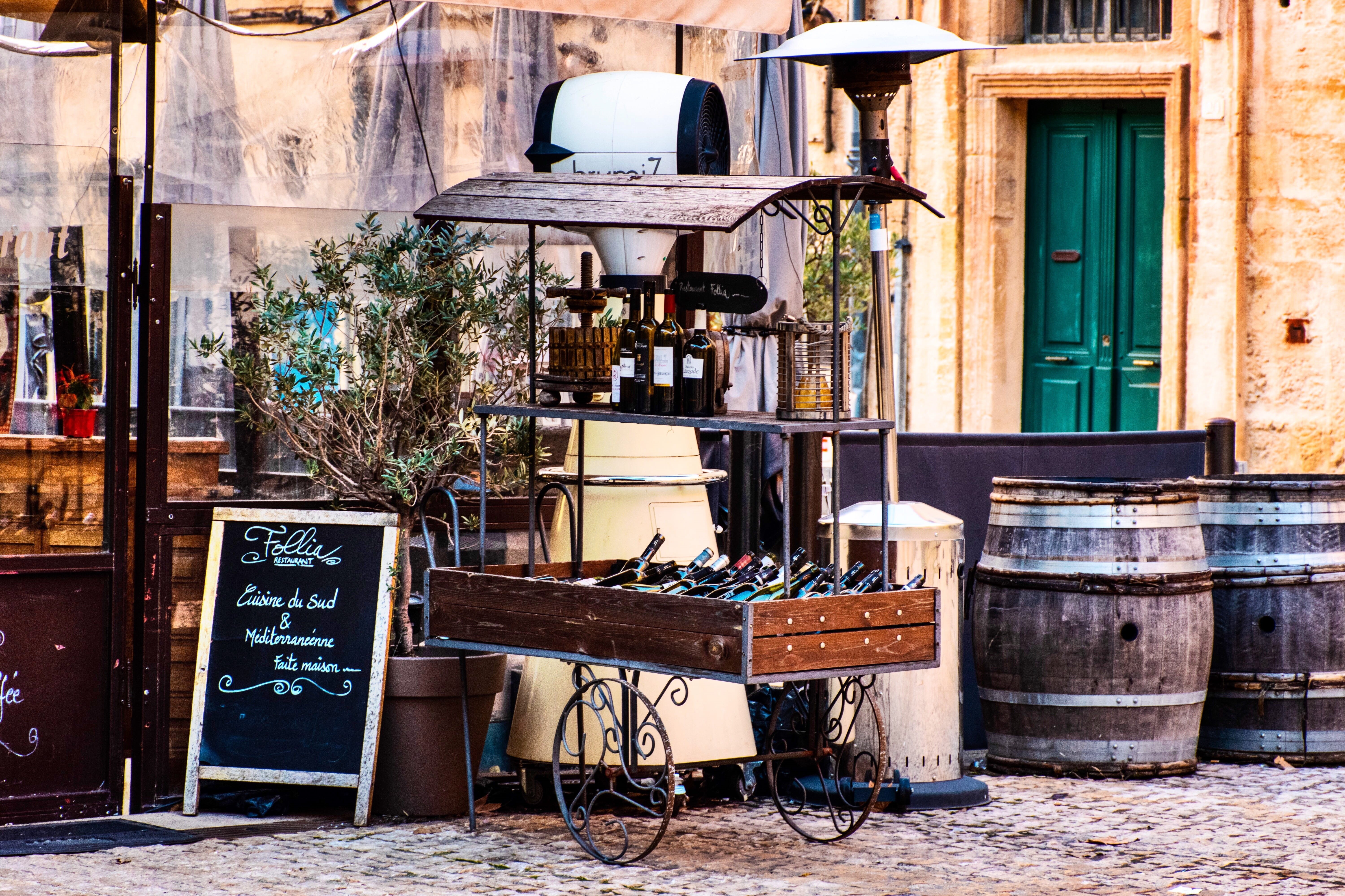 city life, french culture, cylinder, provence, wine, seat, plant, building exterior, street, street display, france, wood - material, built structure, cafe, HD Wallpaper