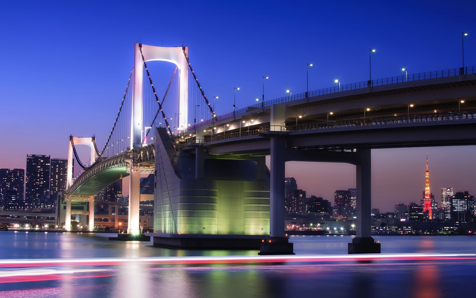 Night, Lights, City, concrete, Bridge, Tokyo, Buildings, white, Japan, 1080P, HD Wallpaper