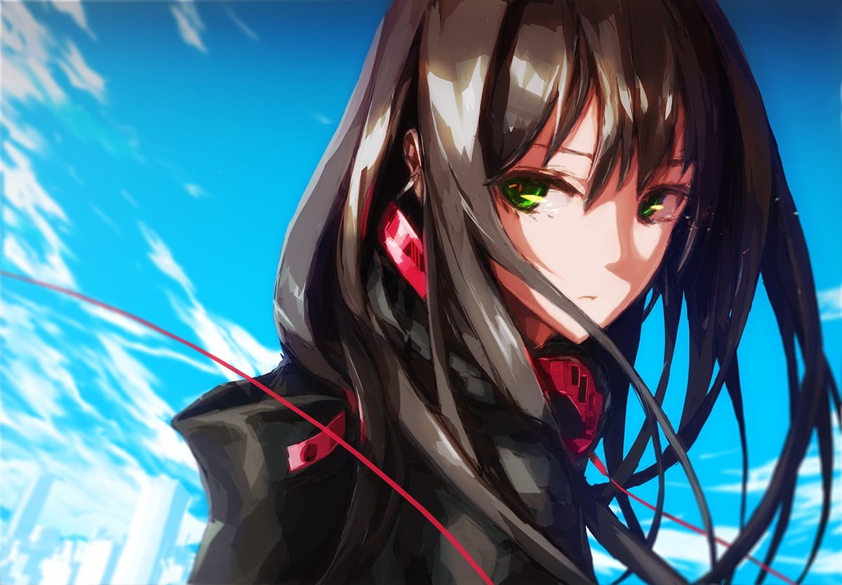 headphones, real people, sunlight, looking at camera, beautiful woman, nature, close-up, lifestyles, sky, anime girls, warm clothing, blue, leisure activity, HD Wallpaper