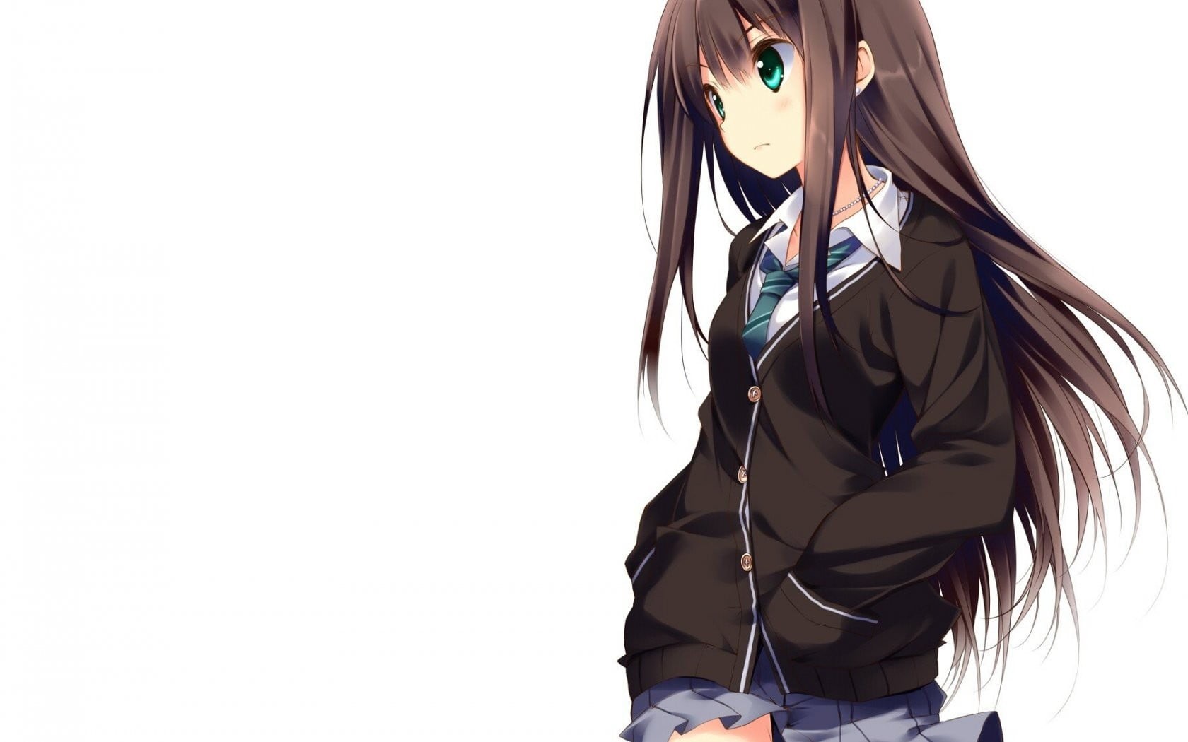 midsection, front view, studio shot, scarf, 720P, school uniform, three quarter length, leisure activity, standing, indoors, copy space, anime, hairstyle, HD Wallpaper