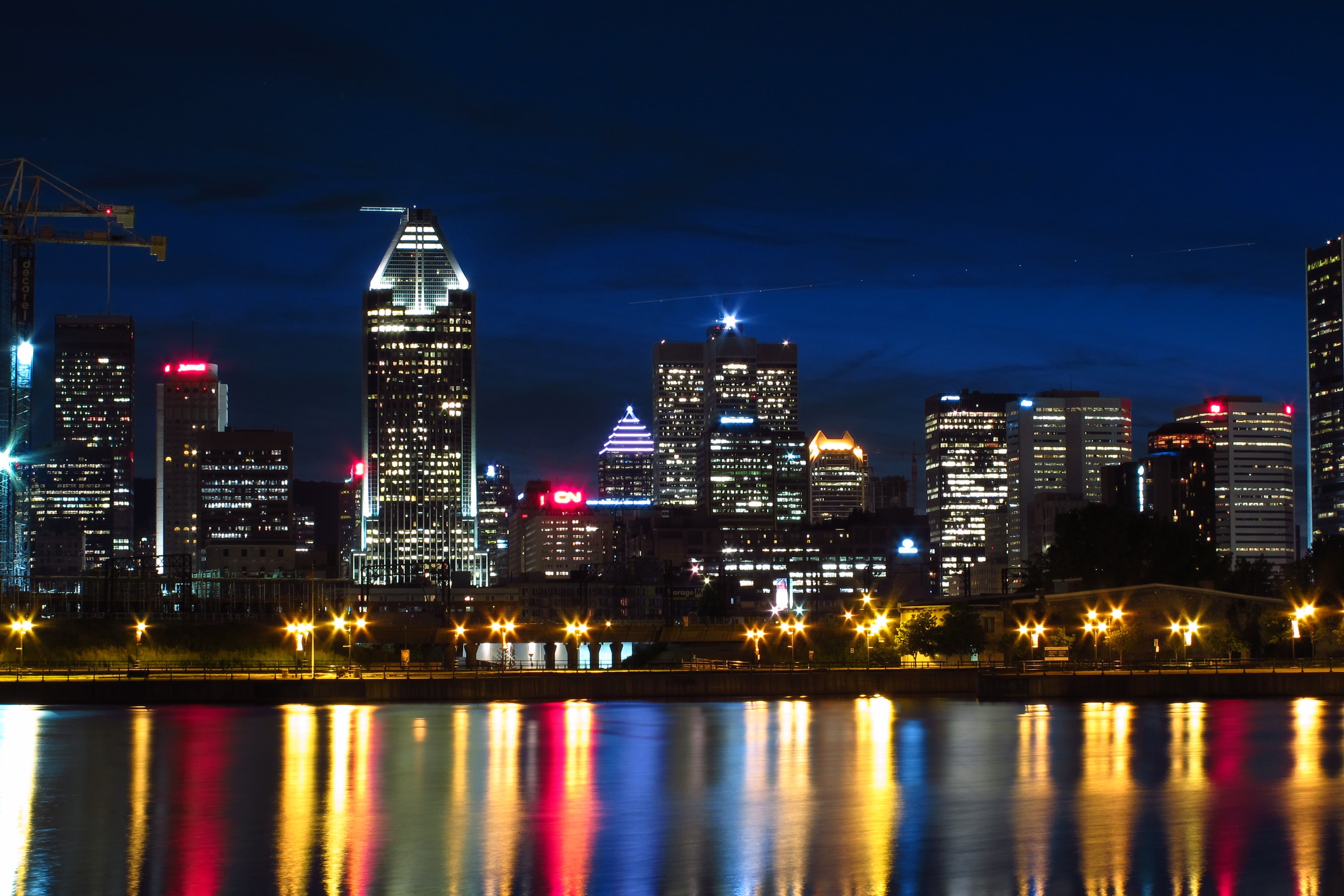 river, long exposure, reflection, architecture, cityscape, canon, urban Skyline, g12, powershot, illuminated, lights, urban Scene, Montreal, street, 2K, HD Wallpaper
