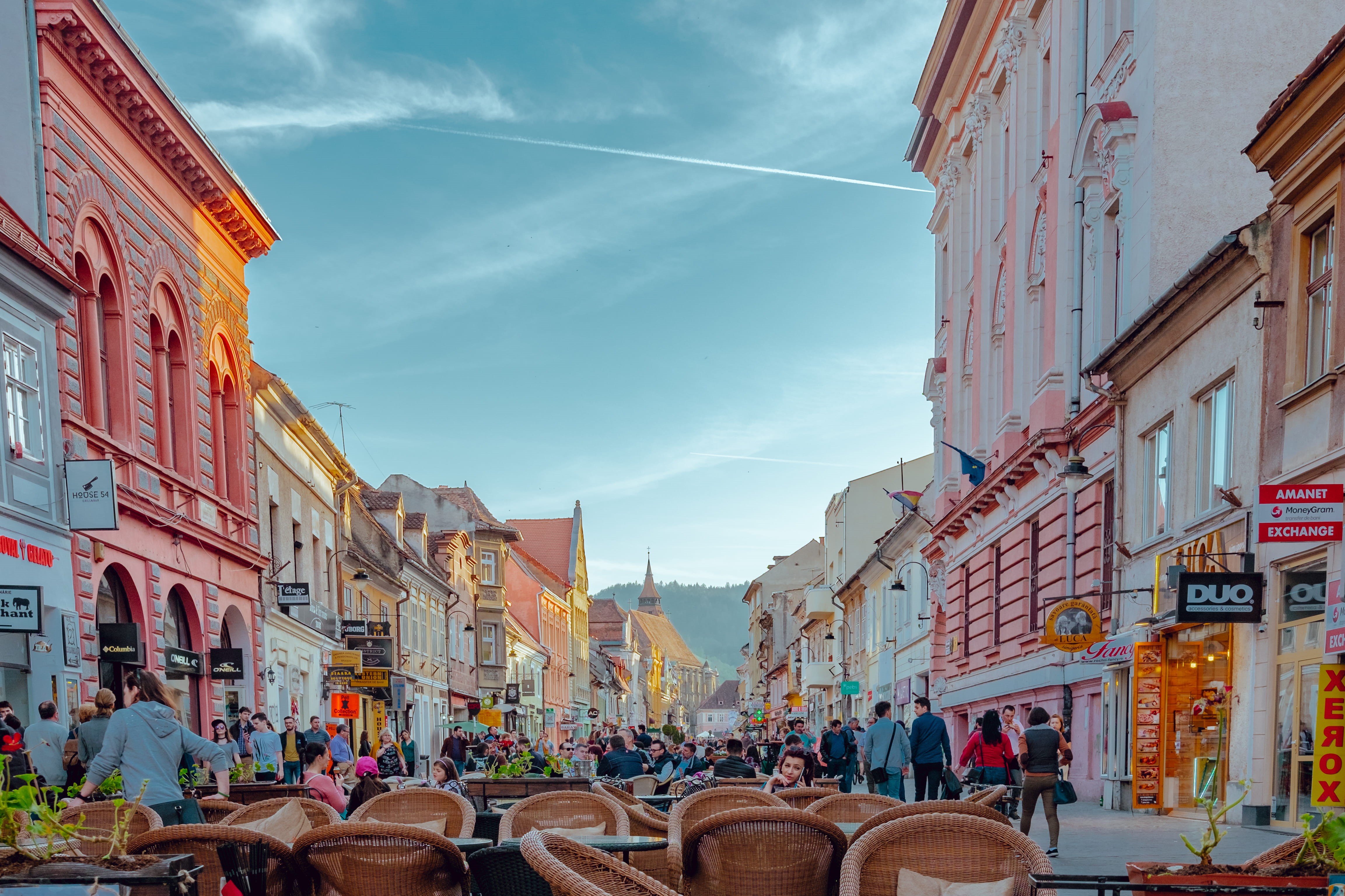 building Exterior, cobblestone, sky, 4K, colorful building, outdoors, europe, european street, square, cityscape, travel, romania, town Square, cafe, city, HD Wallpaper