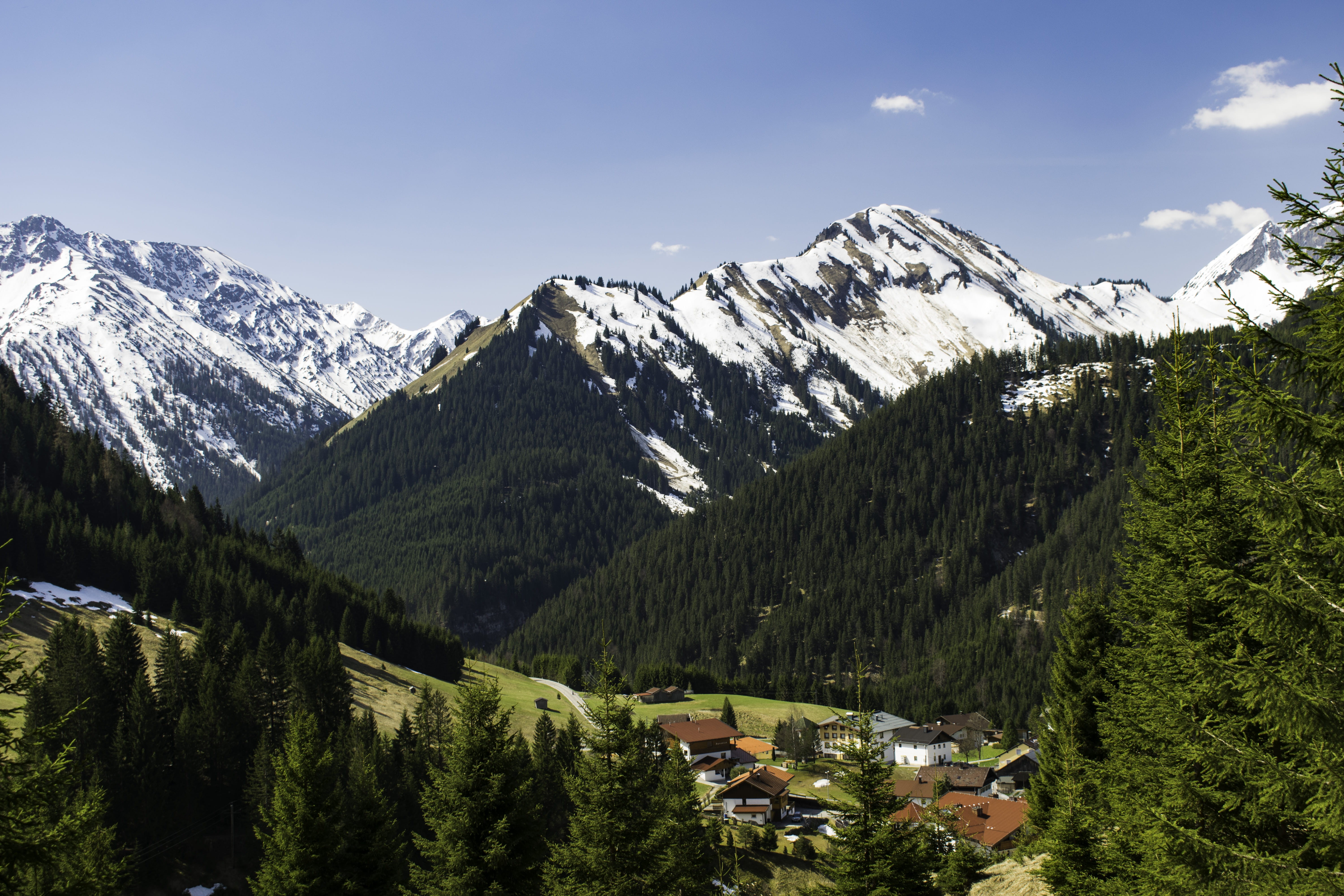 scenics - nature, sky, outdoors, explore, nature, pine tree, winter, mountain range, snowy mountain, day, tree, looking out, non-urban scene, houses, alp, HD Wallpaper
