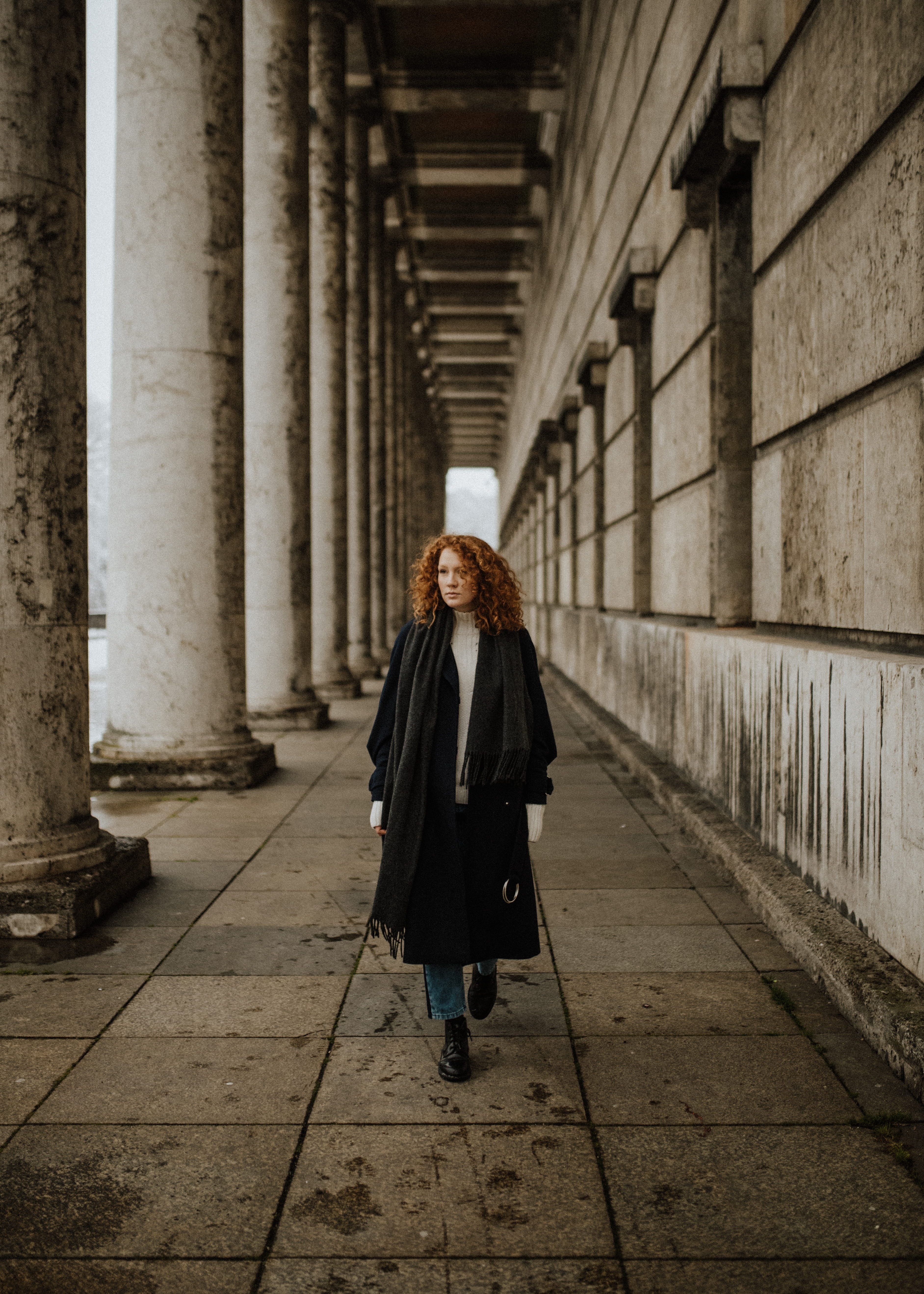 direction, adult, redhair, architectural column, portrait, corridor, curlyhair, woman, architecture, explore, casual clothing, lifestyles, built structure, Phone HD Wallpaper