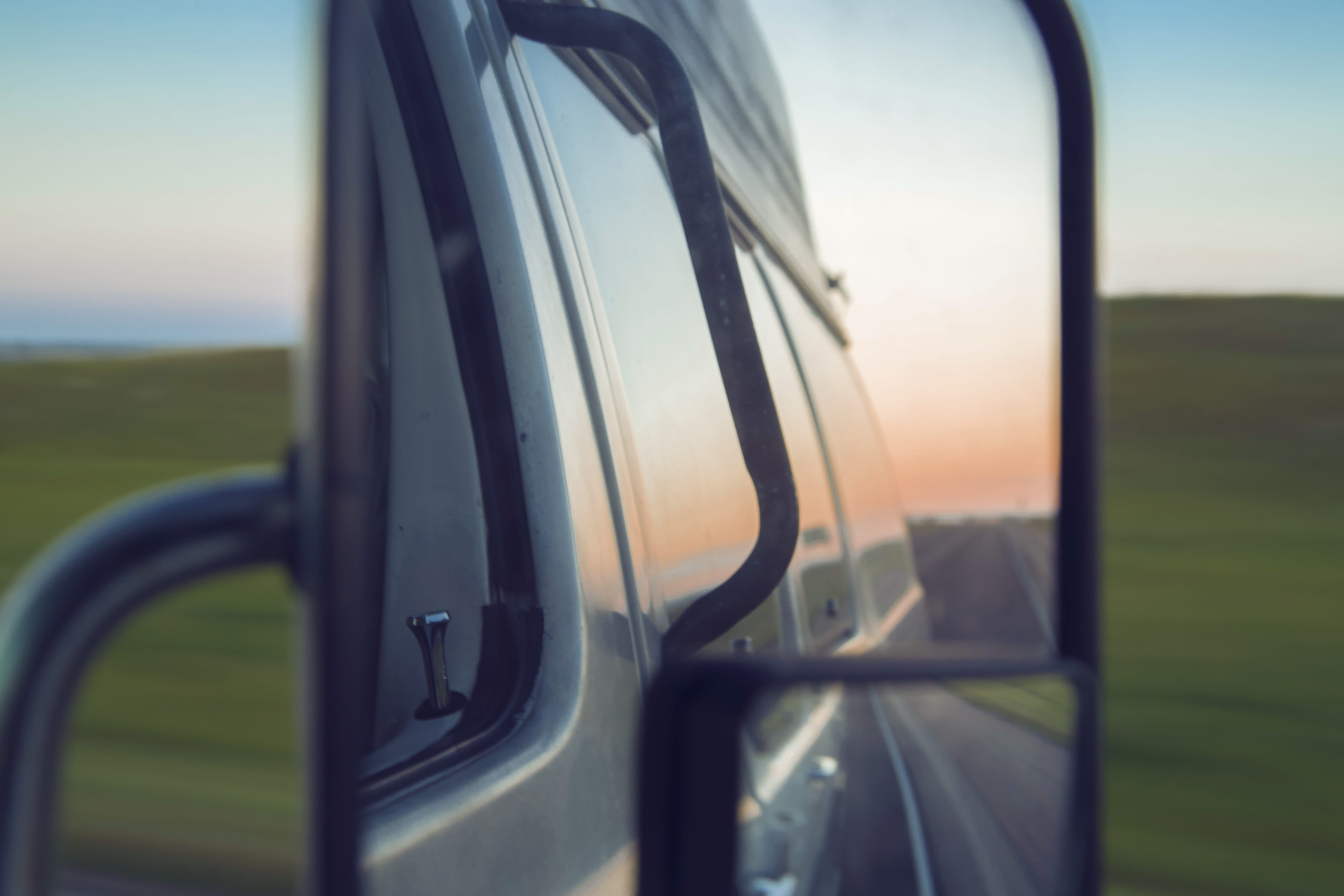80 dodge, travel the usa, field, day, adventure, van, on the go, usa, land, sky, take a roadtrip, cotton candy sky, nature, grass, explore, sunset, mirror, HD Wallpaper