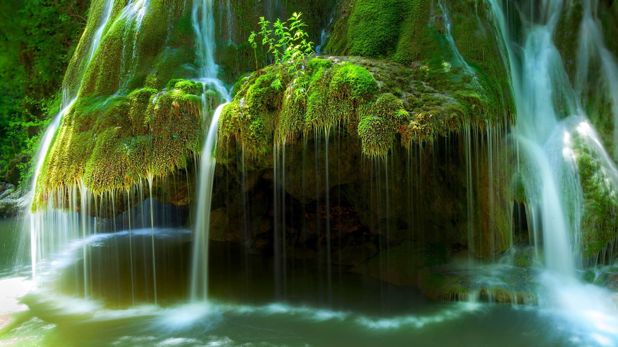 moss, water, 1080P, landscape, river, Romania, waterfall, nature, HD Wallpaper