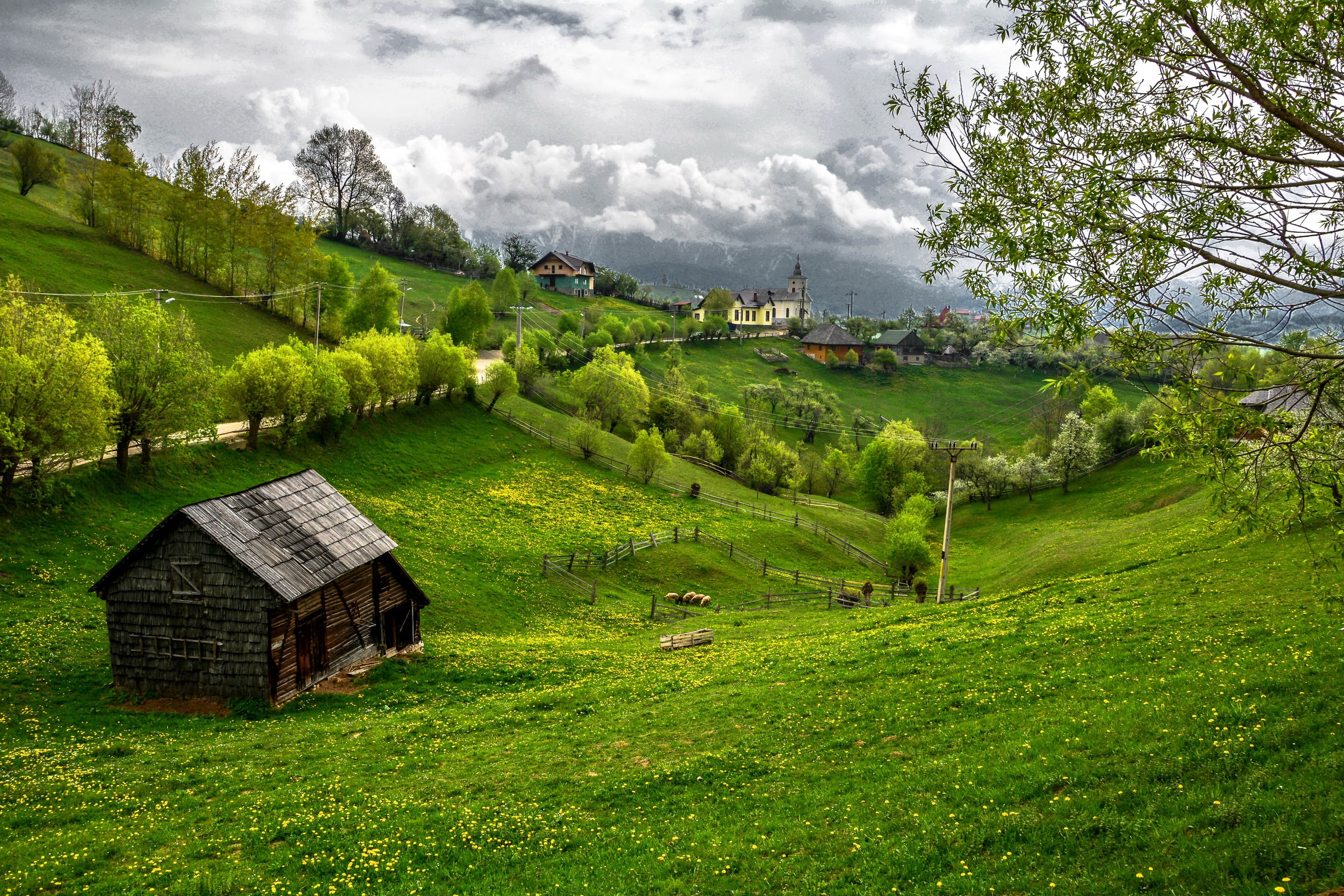 famous Place, tree, nature, landscape, outdoors, field, rustic, grass, agriculture, mountains, summer, environment, landscaped, old, europe, farm, beauty In Nature, HD Wallpaper