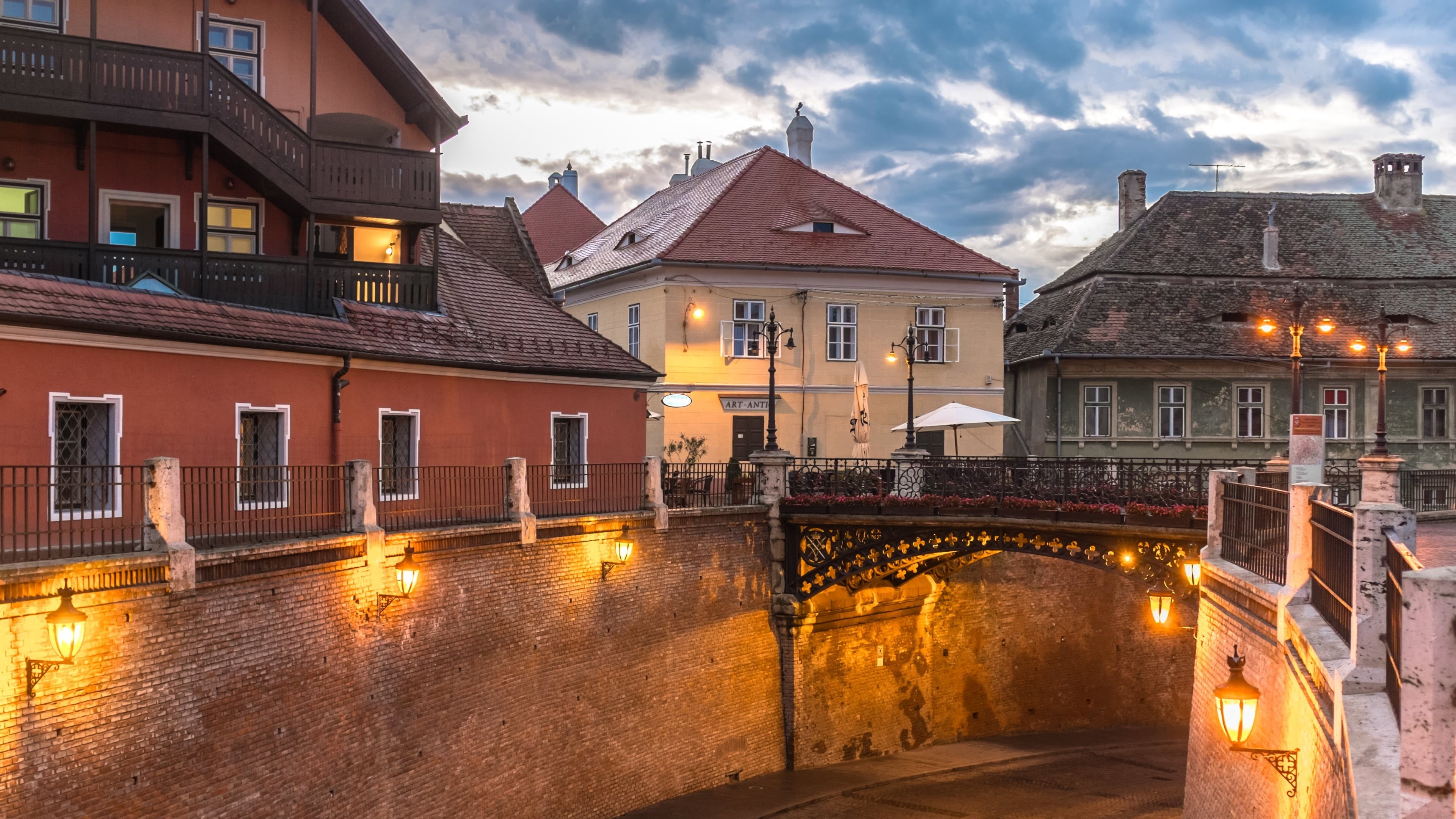 built structure, house, residential district, building, dusk, 4K, Sibiu, reflection, outdoors, architecture, town, light, urban, no people, water, canal, HD Wallpaper