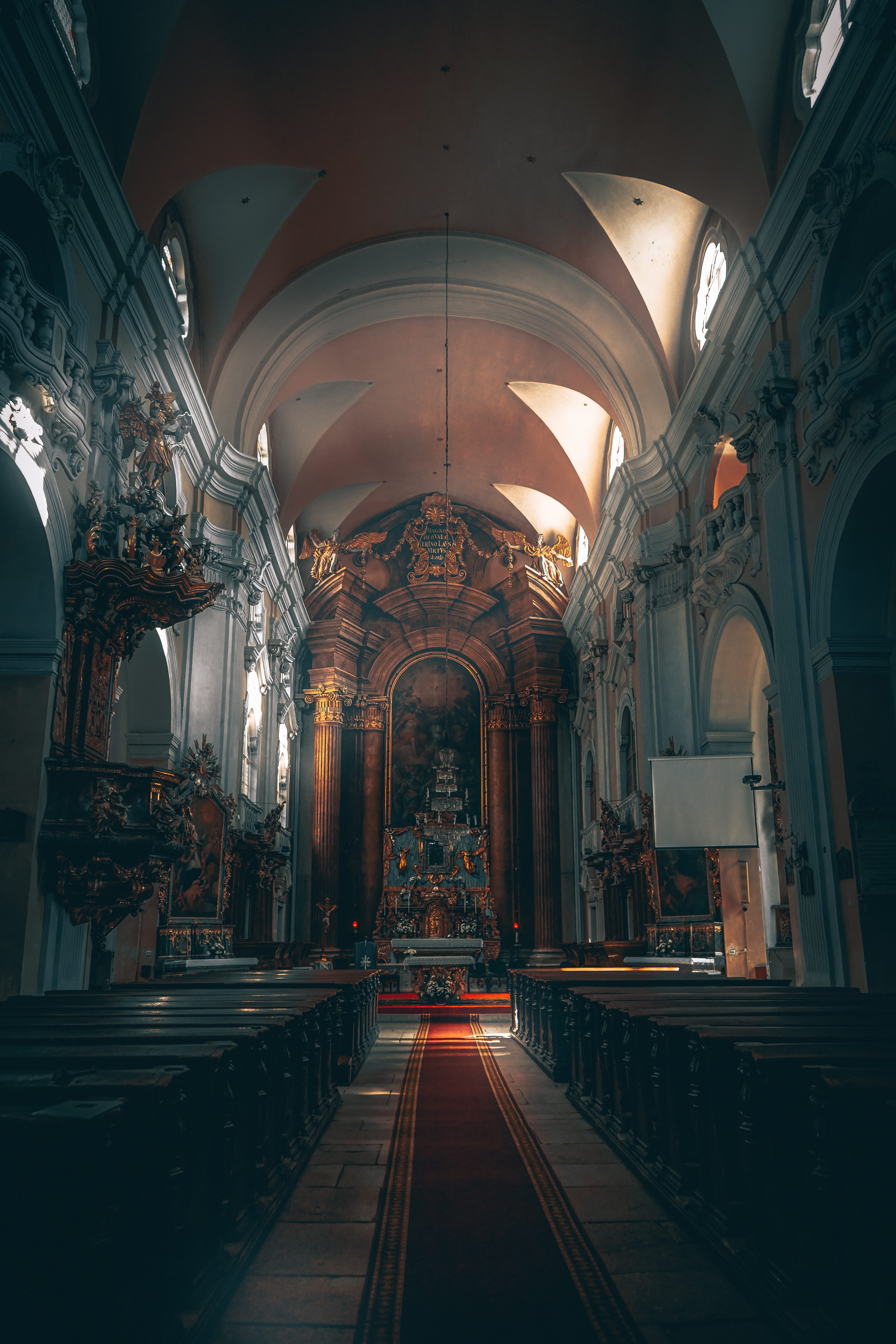 religion, church, aisle, ceiling, place of worship, sunlight, romania, illuminated, cluj-napoca, building, beam, belief, sun, direction, rays, light, arch, Phone HD Wallpaper