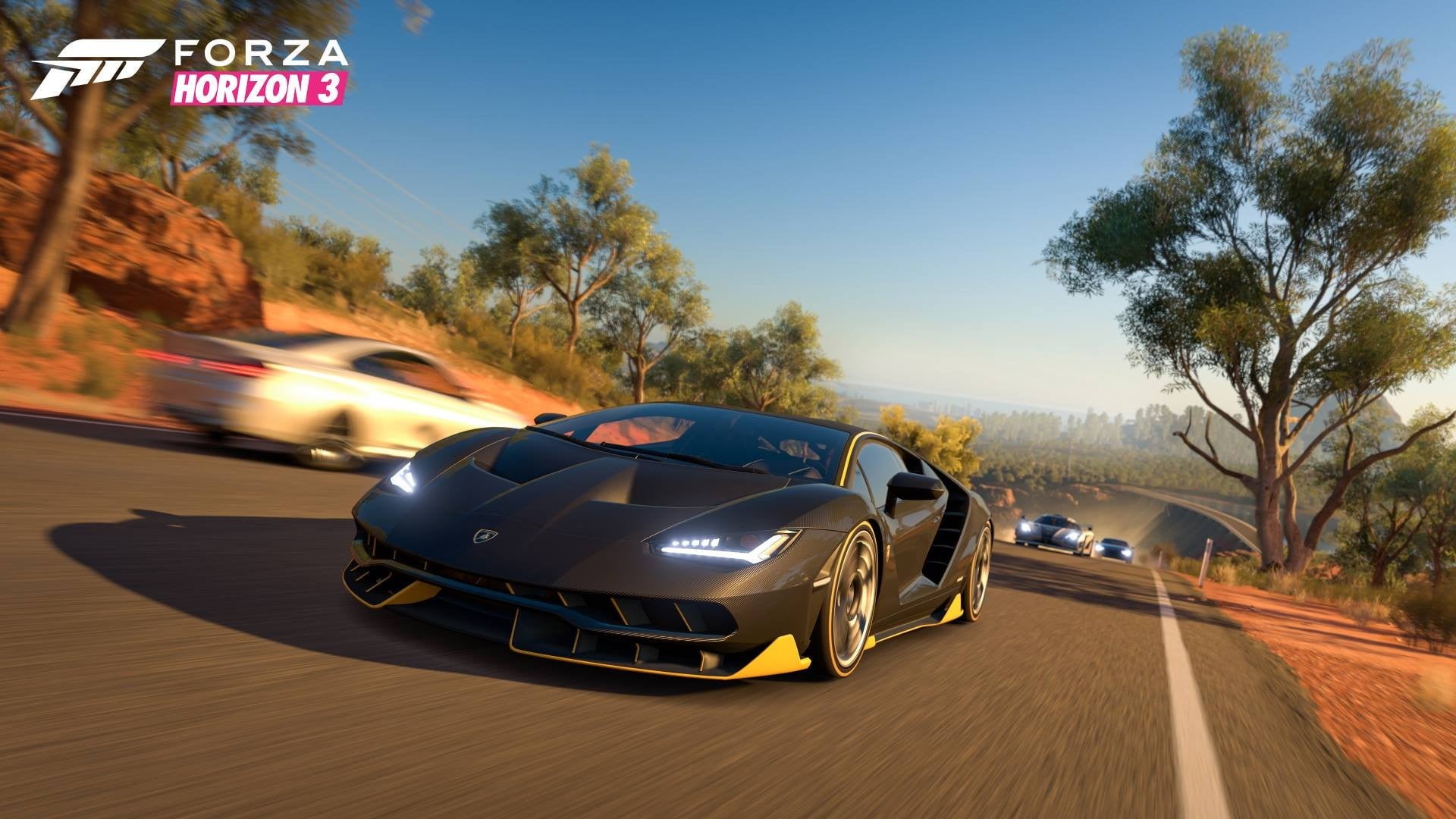 speed, car, sign, transportation, Forza, blurred motion, 1080P, racing, tree, crash helmet, helmet, motion, lamborghini, nature, on the move, travel, plant, HD Wallpaper